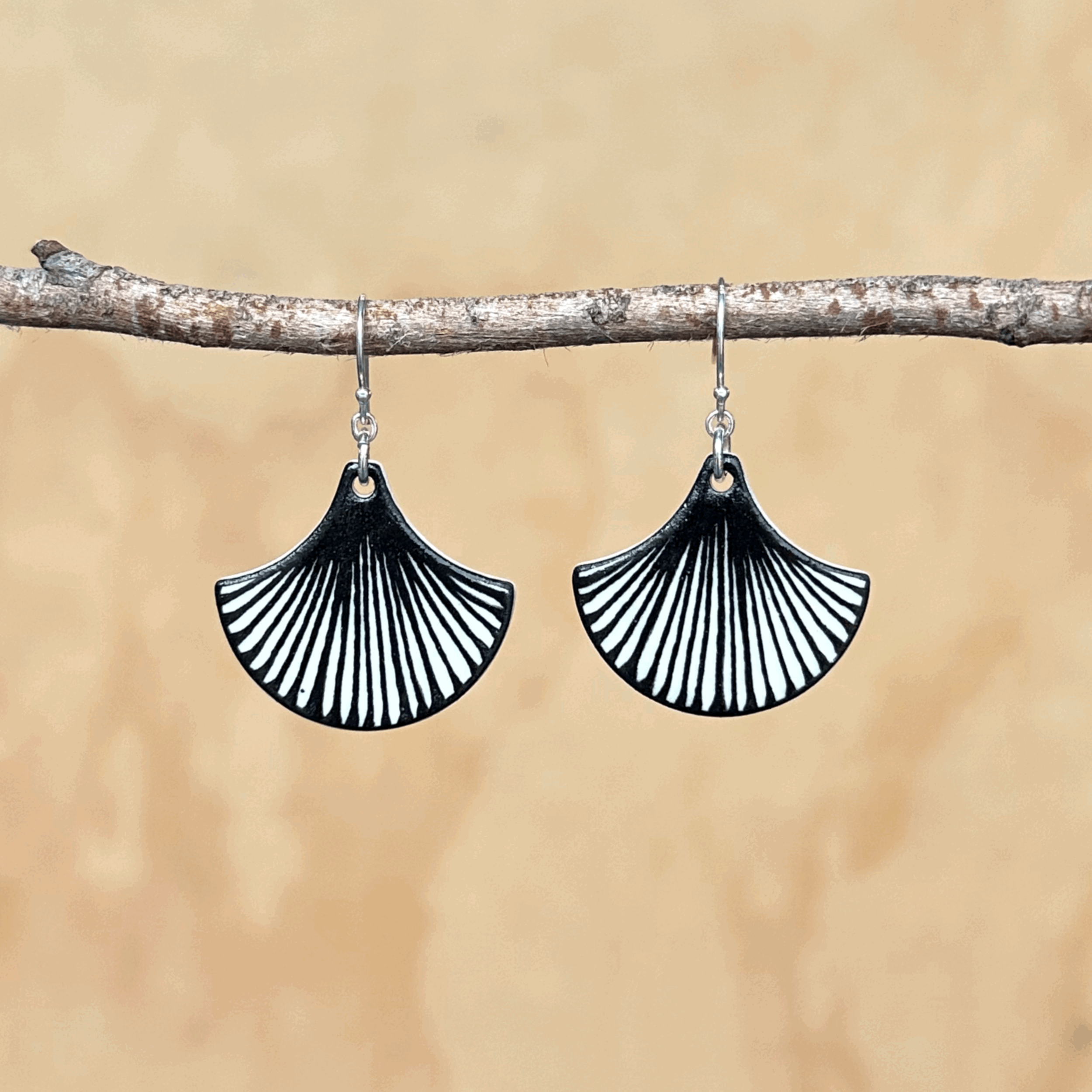 Ceramic Earrings, Black Striped Fans