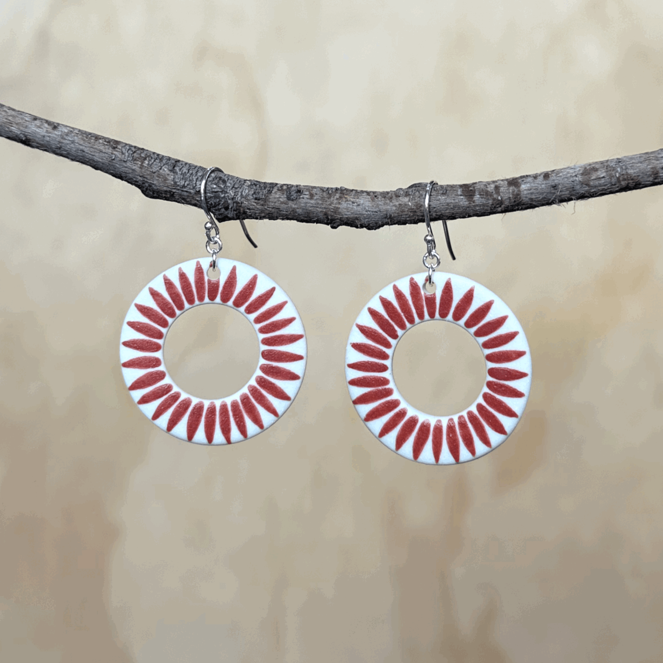 Ceramic Earrings, Red Petal Hoops