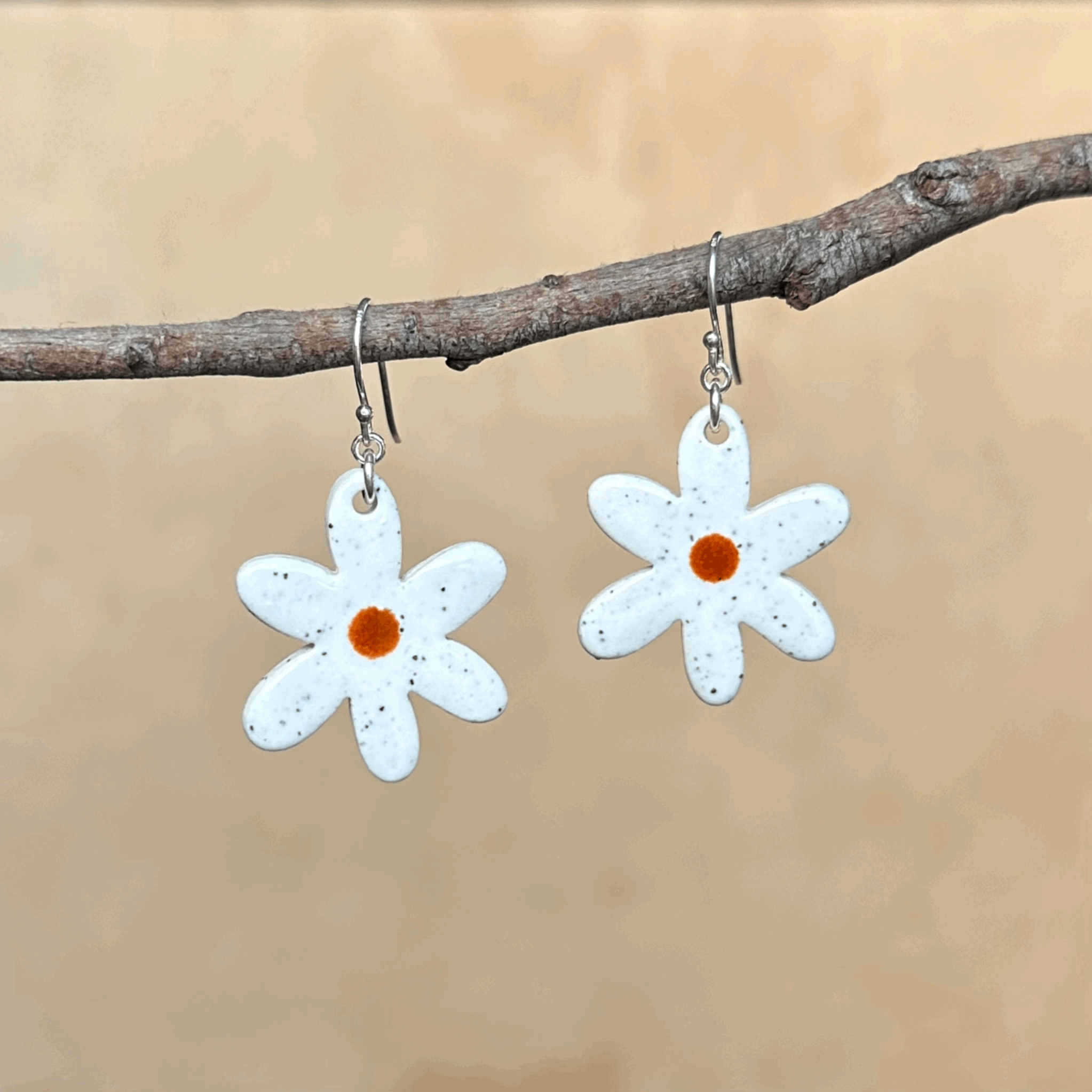 Ceramic Earrings, White Flowers