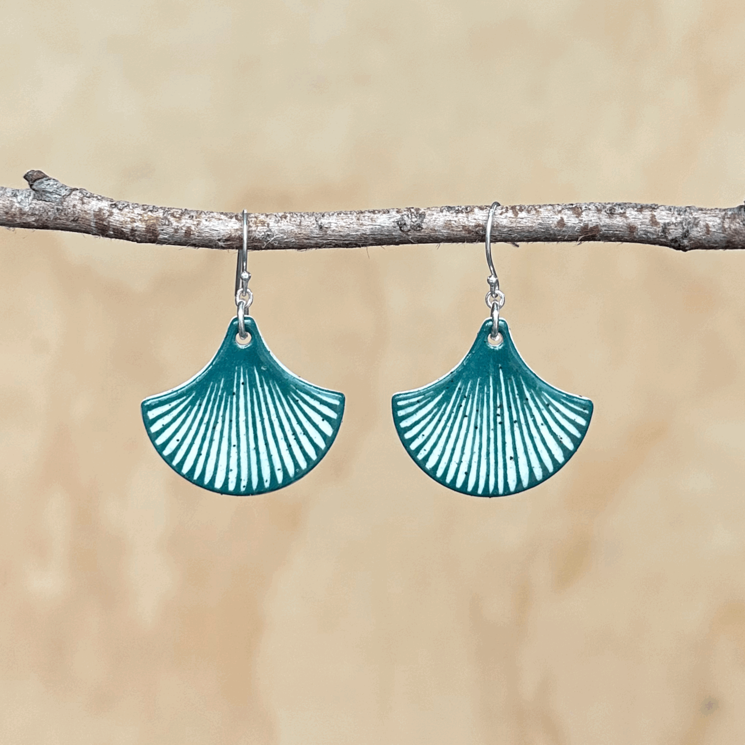 Ceramic Earrings, Green Striped Fans