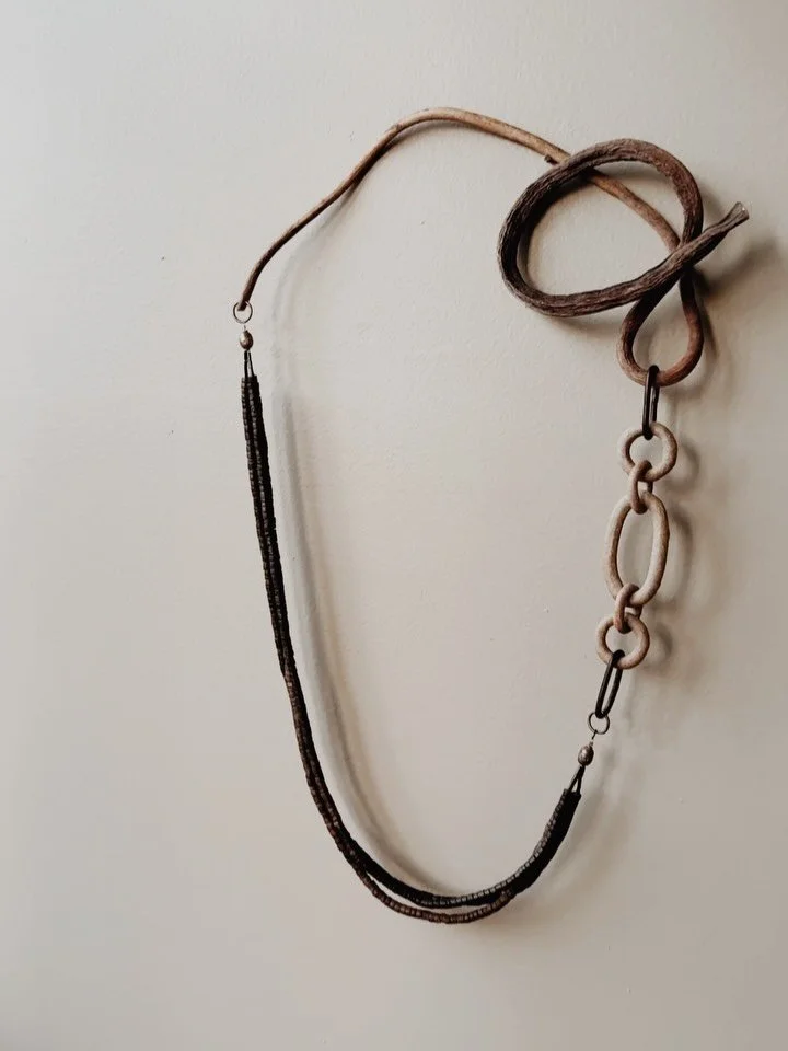 New work: jewelry for the home, stories from the sea and beyond 

Wild sea kelp, ceramic chain, coconut shell, Italian glass, recycled grenade metal &amp; steel 

Organic sculpture : environmental art : jewelry for the home : sculpture artist