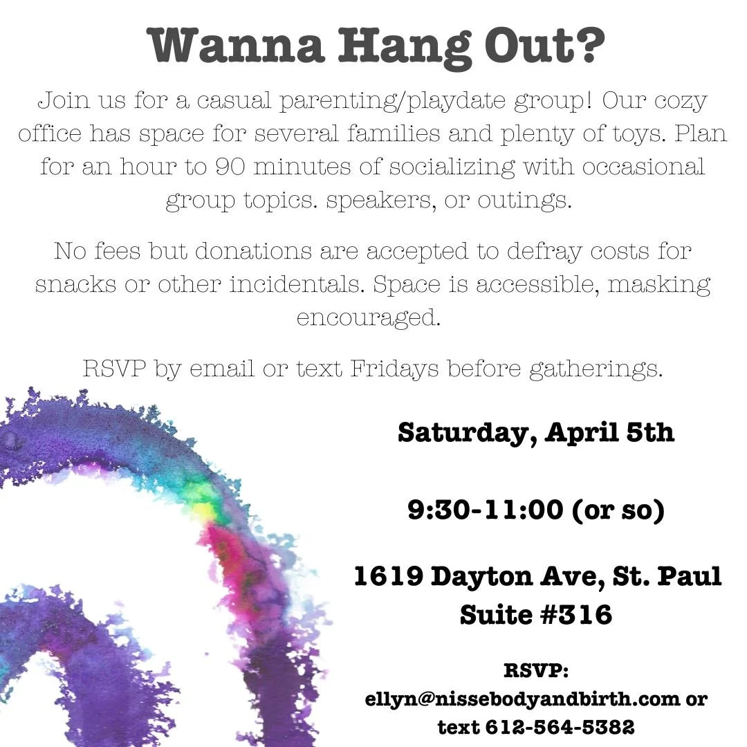 ✨DON'T FORGET✨

Join us for a casual parenting/playdate group! Our cozy office has space for several families and plenty of toys. Plan for an hour to 90 minutes of socializing with occasional group topics. speakers, or outings. 

No fees but donation