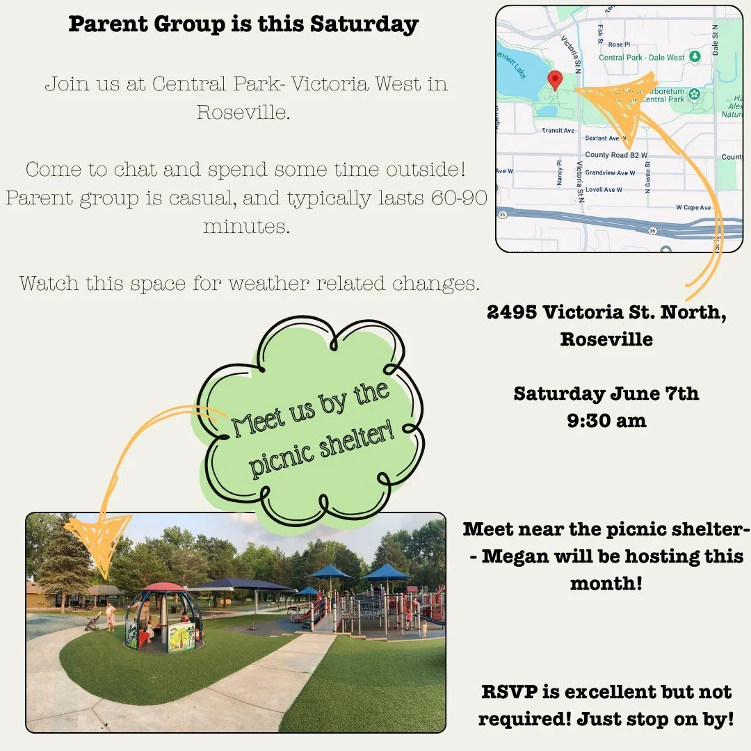 First Saturday of the month is approaching fast! This month we will be meeting at Central Park in Roseville-- the Victoria West Playground, between Victoria and Dale streets, just north of Hwy 36.

This park has a nearby lake, an accessible playgroun