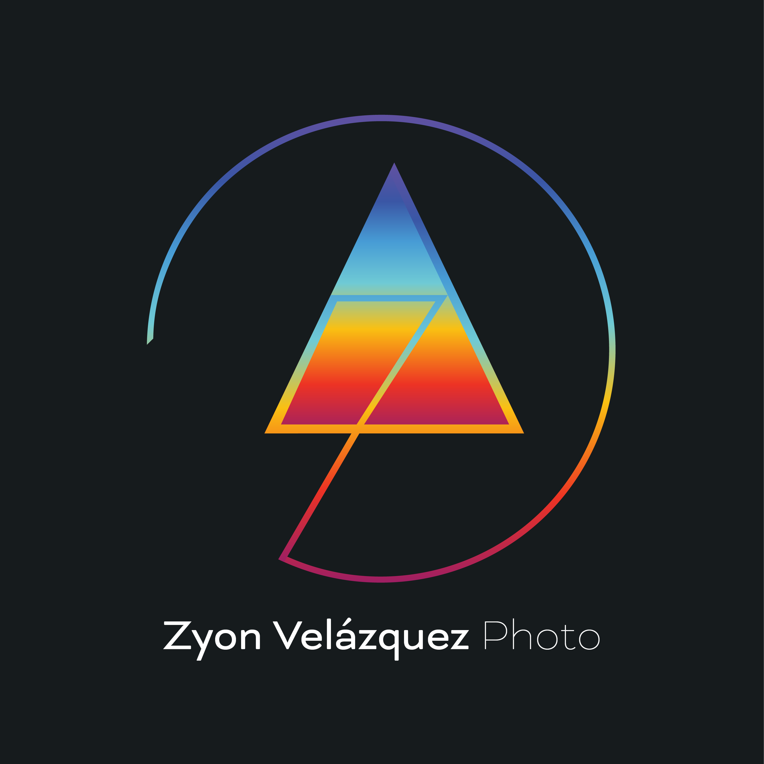 A black background with a rainbow-colored geometric design featuring a triangle and circle, and text that reads "Zyon Velázquez Photo."