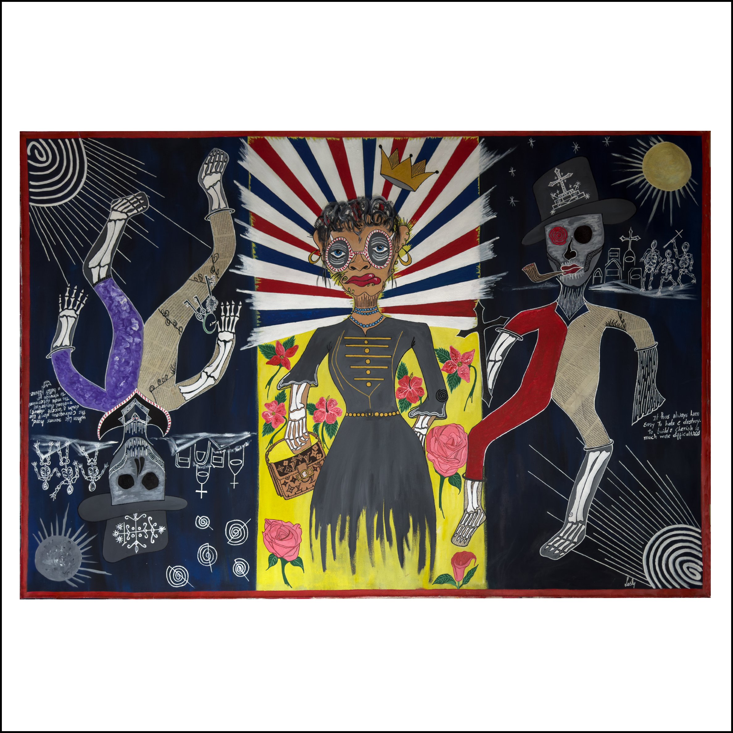 40%22 x 60%22, %22Queen Elizabeth in Meeting with Bron & Legba in Dark World%22 $6100, mixed media on canvas by Lesly Pierre Paul.jpg