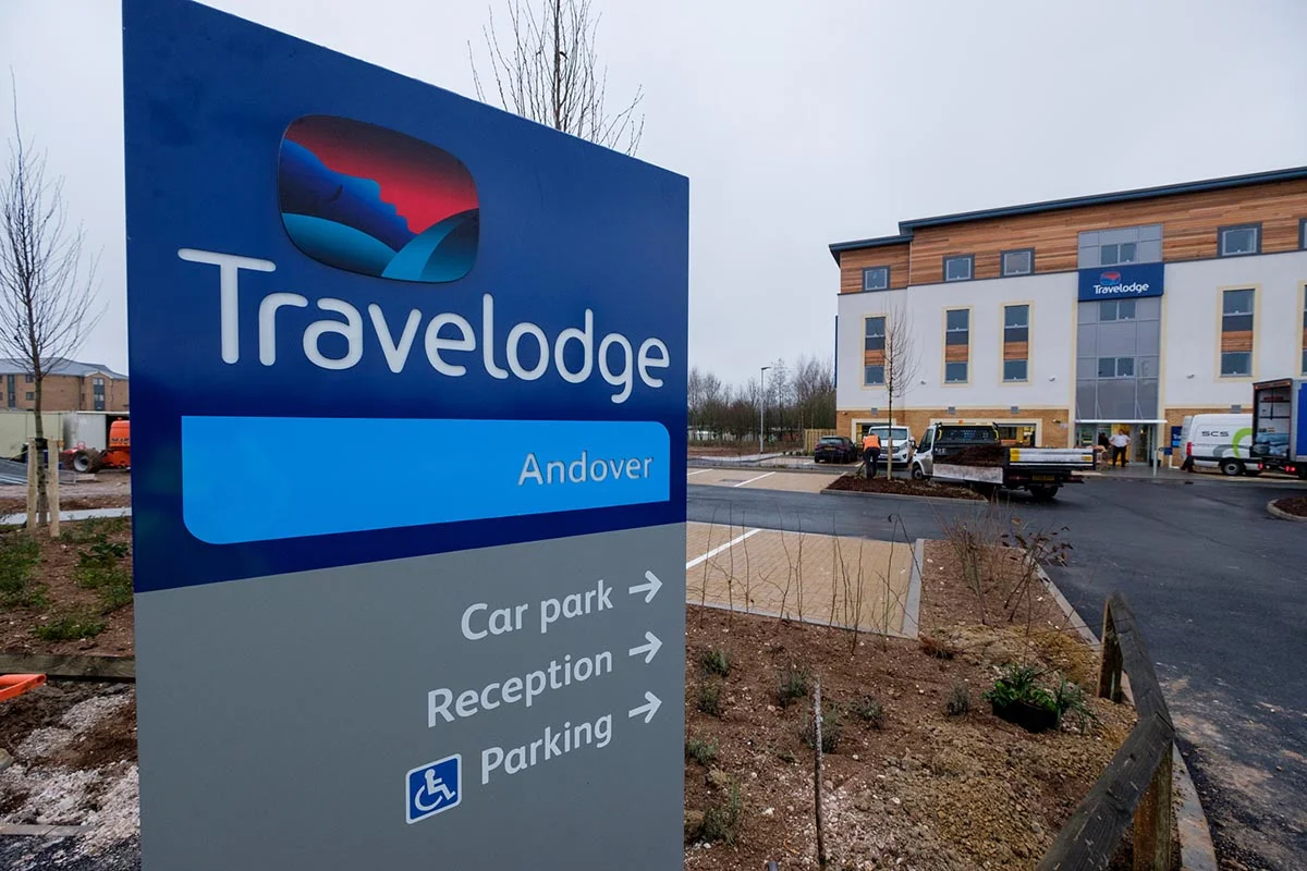 Travelodge hotel Andover exterior with directional signage