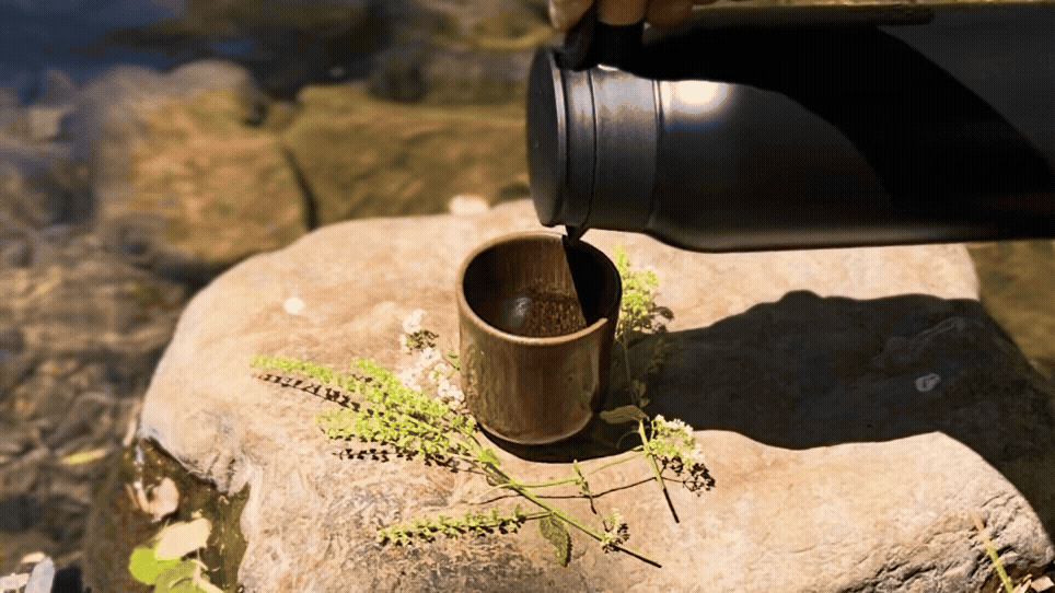 A person pours hot water from a thermos into a metal cup on a large rock outdoors, with small plants growing around the rock.