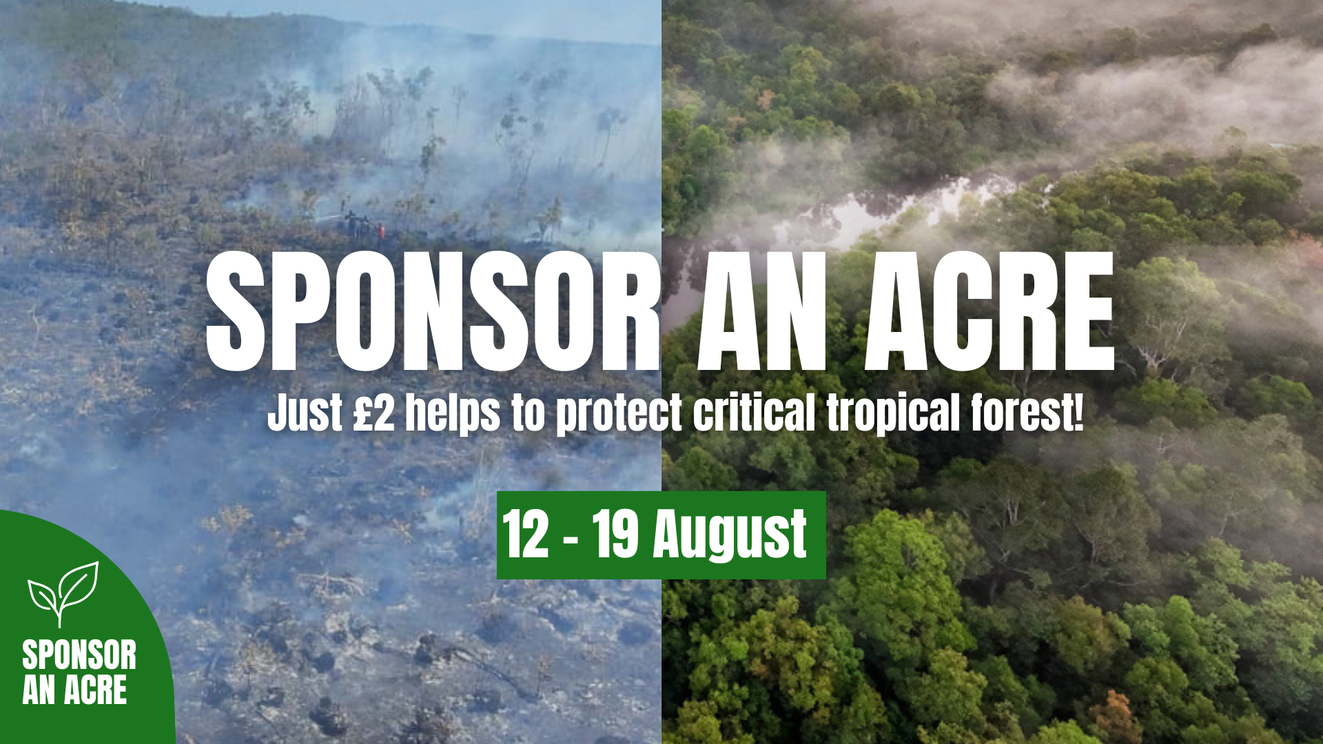 Photo of forest on fire and healthy forest with text that reads 'sponsor an acre'