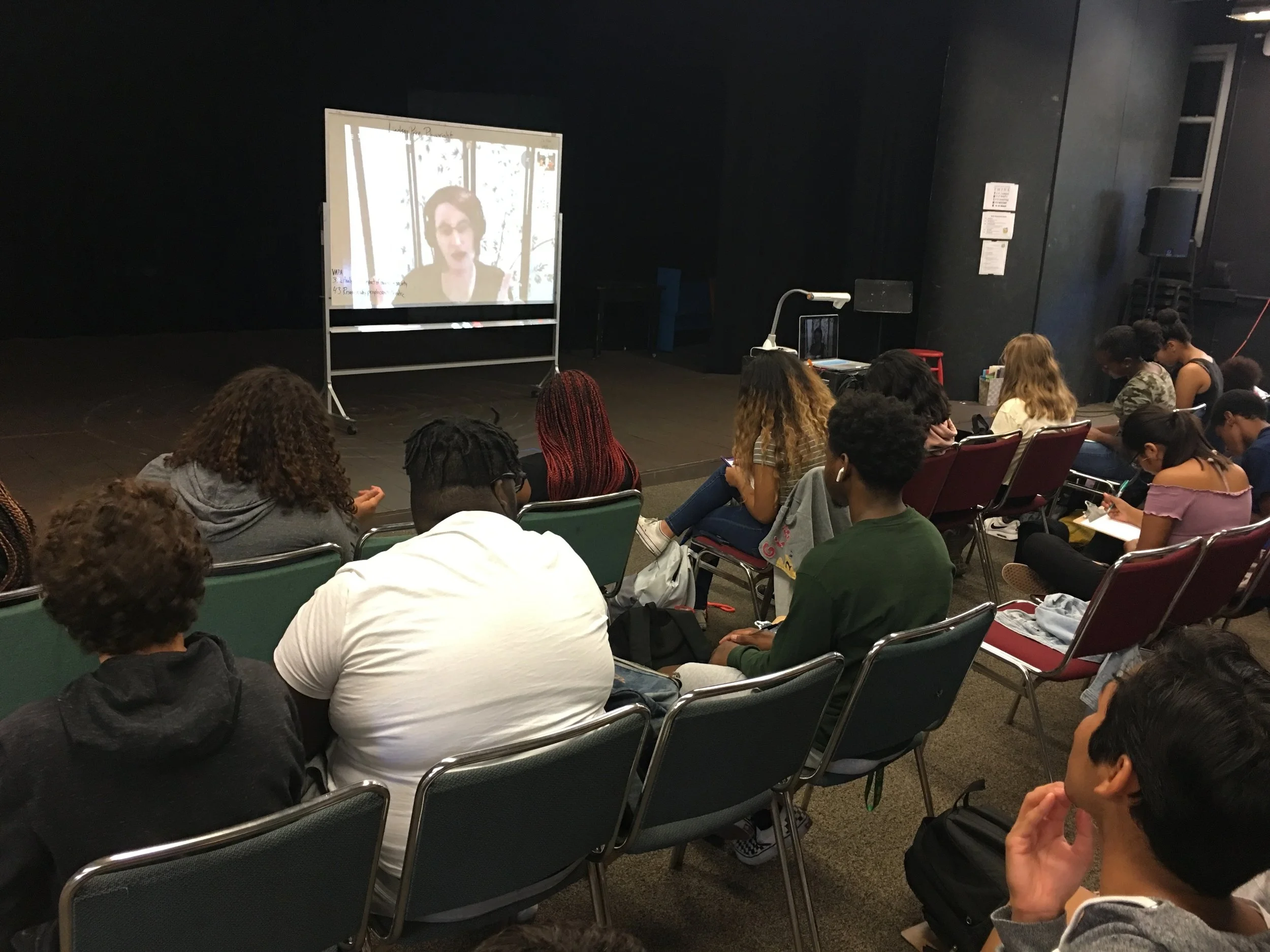 “IA” class during Skype Interview with Playwright, Lindsay Price, who has written over 200 plays, including darklight, the play which IA students are currently rehearsing for our health department.
