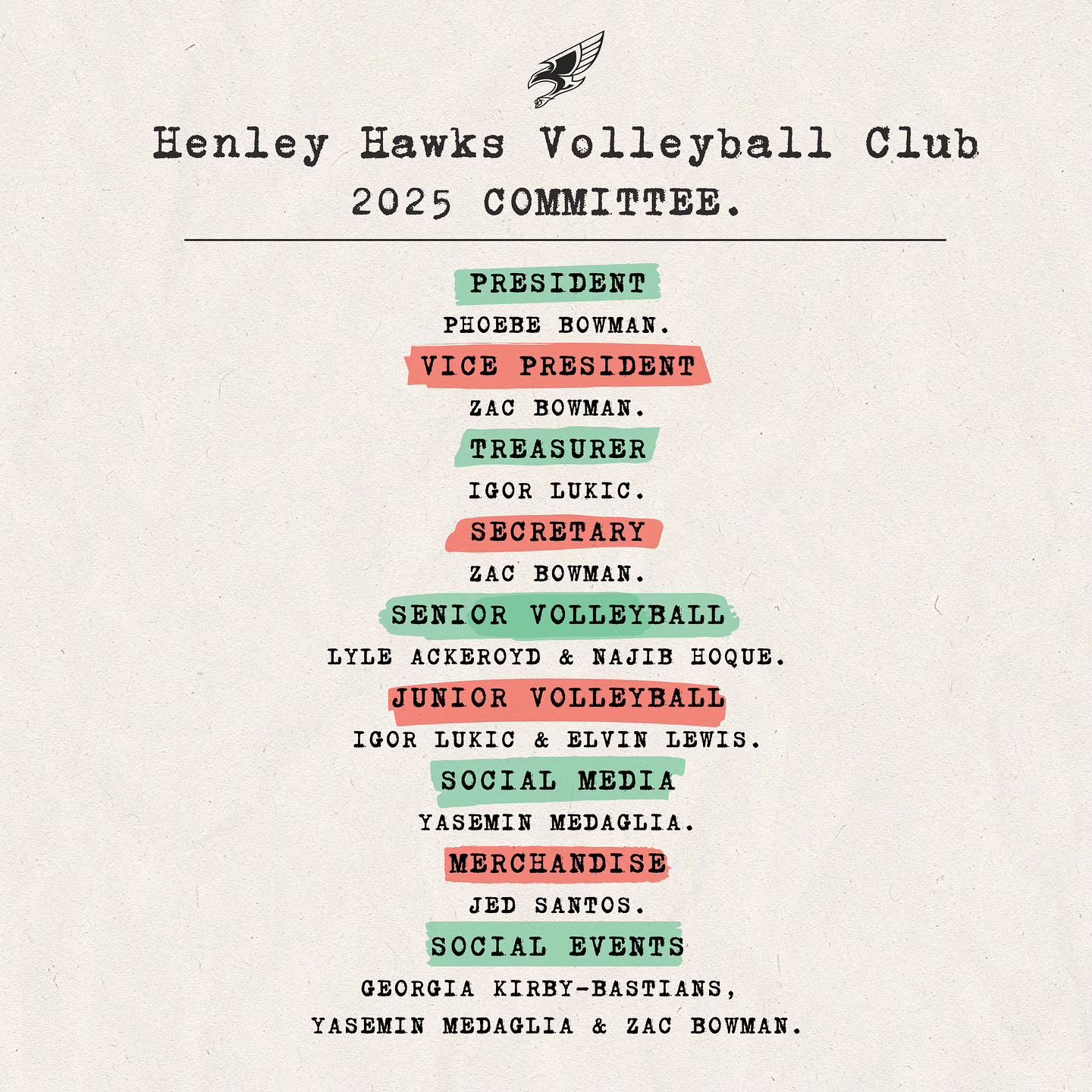 WE&rsquo;RE SO BACK!! ❤️💚 The offical Henley Hawks Volleyball Club Committee for 2025!!!

HHVC are so grateful for each and every person who volunteers their valuable time, from committee to coaches to parents &mdash; we appreciate you!!! Not long n