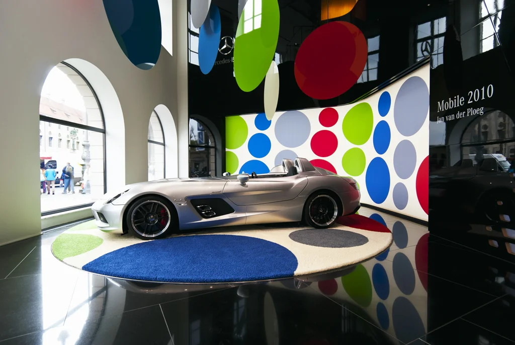 Jan van der Ploeg, Mobile, 2010, sizes variable, carpet, aluminium, silkscreen, Mercedes Benz Showroom Gallery, München, Germany 1.jpg