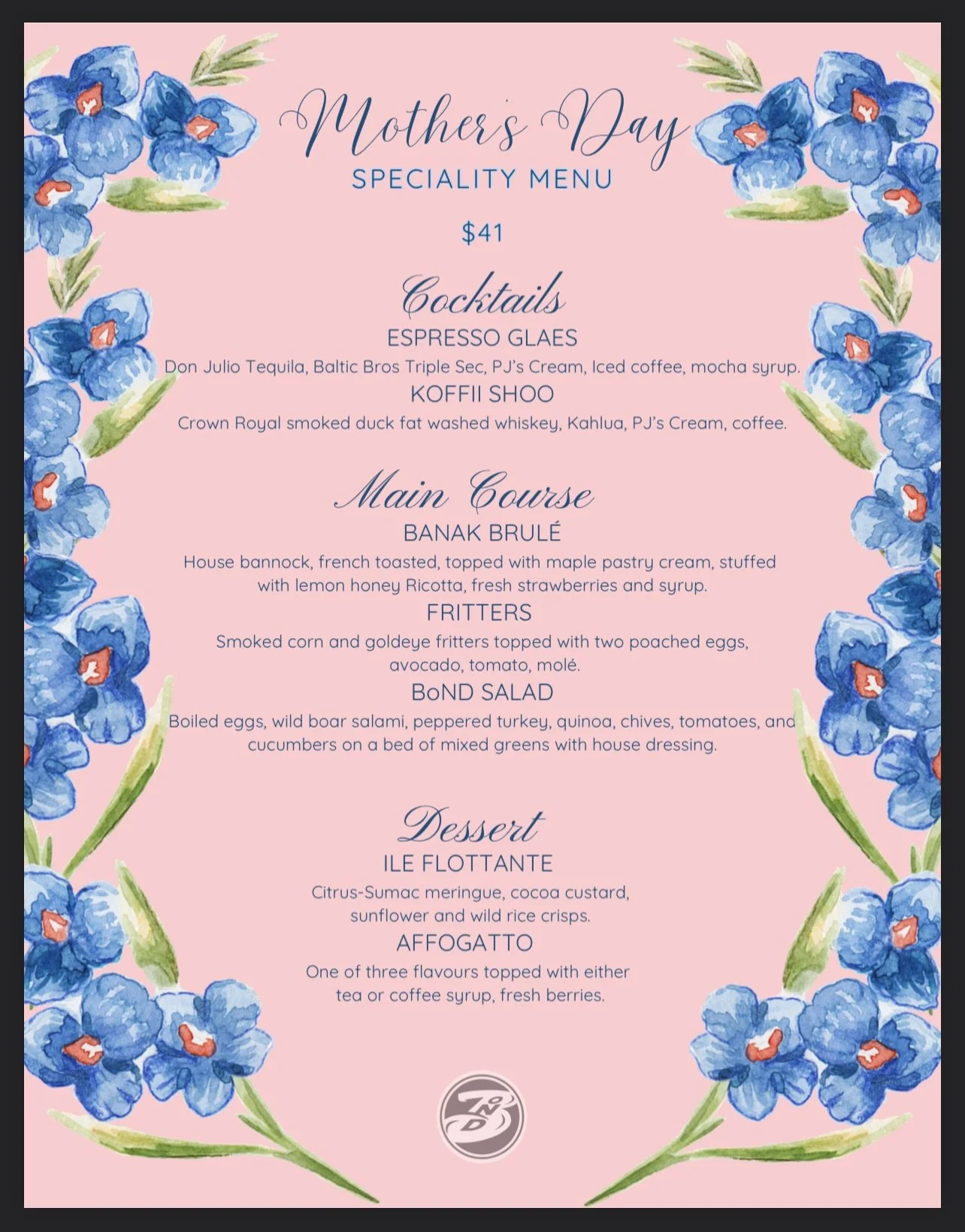 Don&rsquo;t forget to call your mom next Sunday! And also treat her to BoNDs speciality Mothers Day Menu 🌸

We also have our regular menu available with the option to upgrade your entree to include both a featured Mothers Day cocktail and dessert!