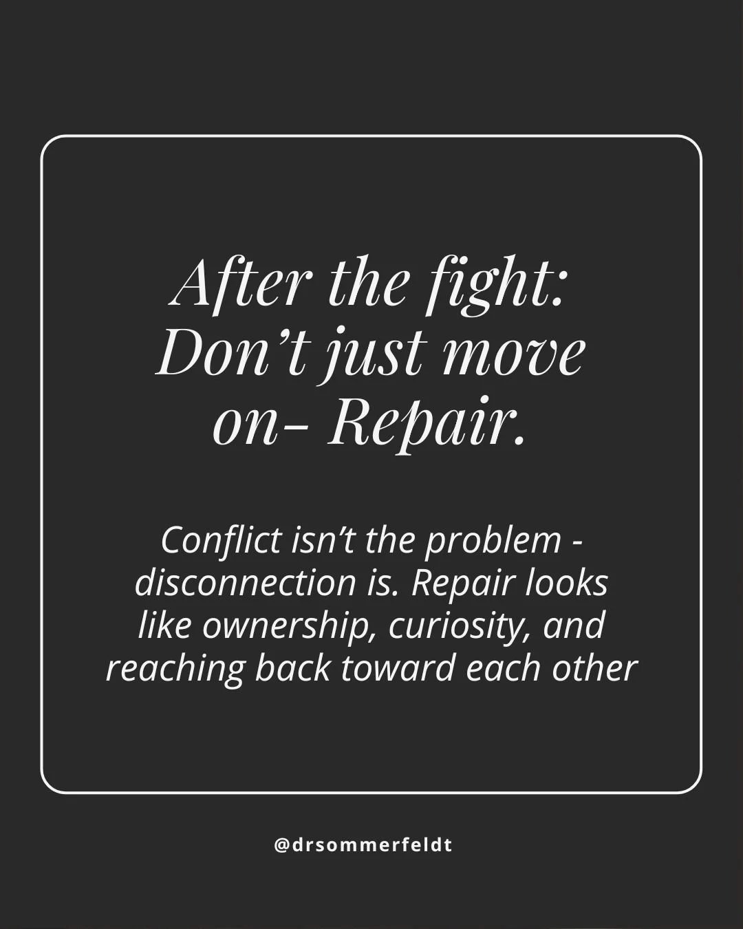 Conflict isn&rsquo;t what breaks relationships.
Lack of repair is.

Repair is what happens after things go wrong&mdash;when defensiveness softens and two people choose connection over being right.

In healthy relationships, repair looks like:

Owners