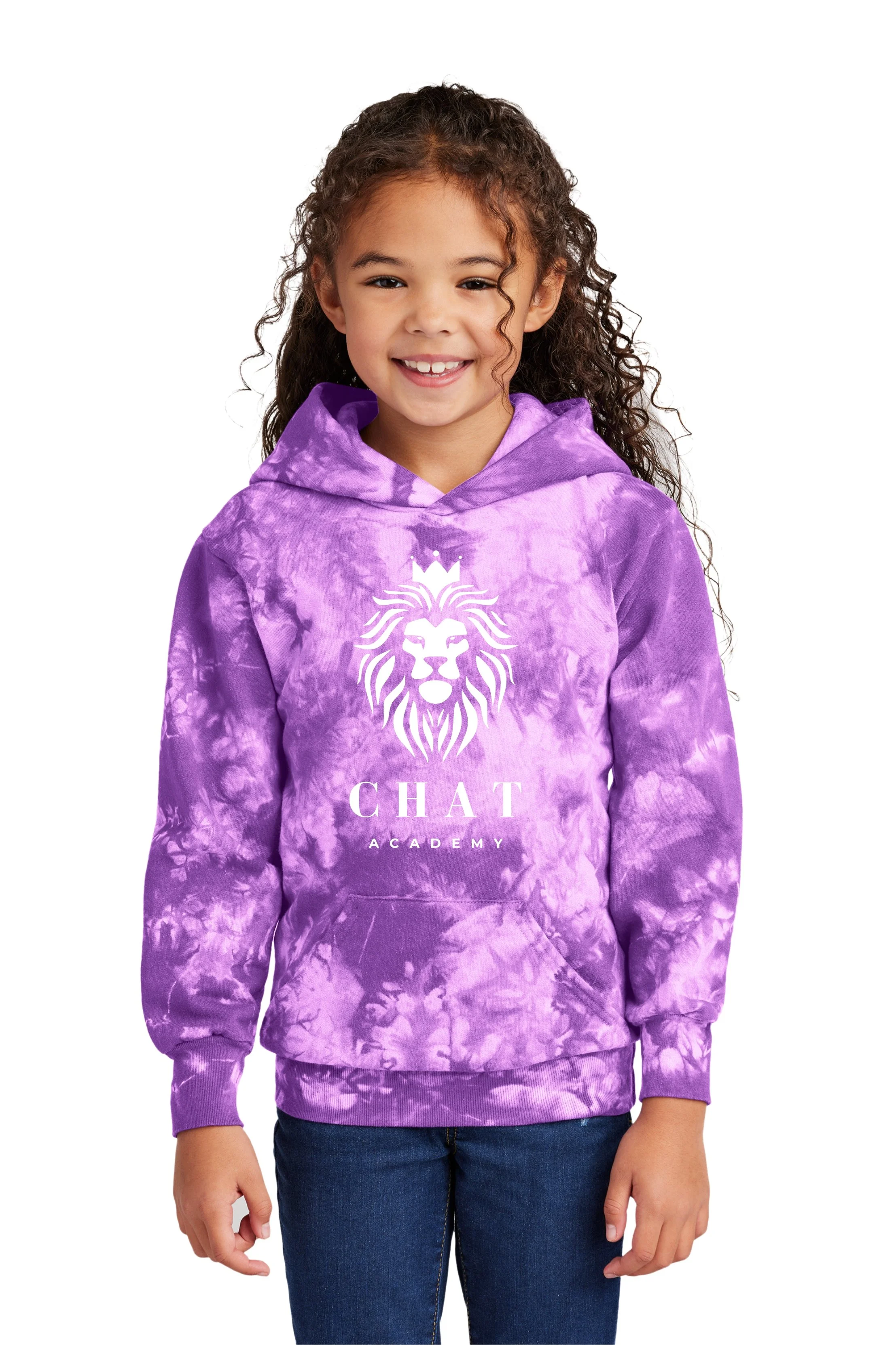 CHAT mockup purple tiedye hoodie youth model with all white logo.jpg