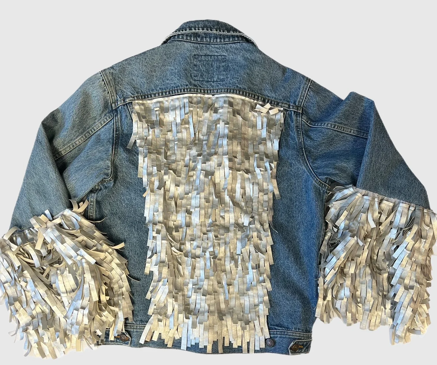 Denim Jacket with Silver Fringe Sleeves