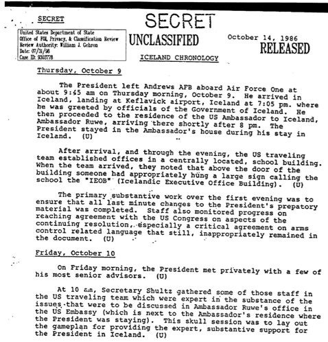 Unclassified secret documents from the Reykjavik Summit, 1986