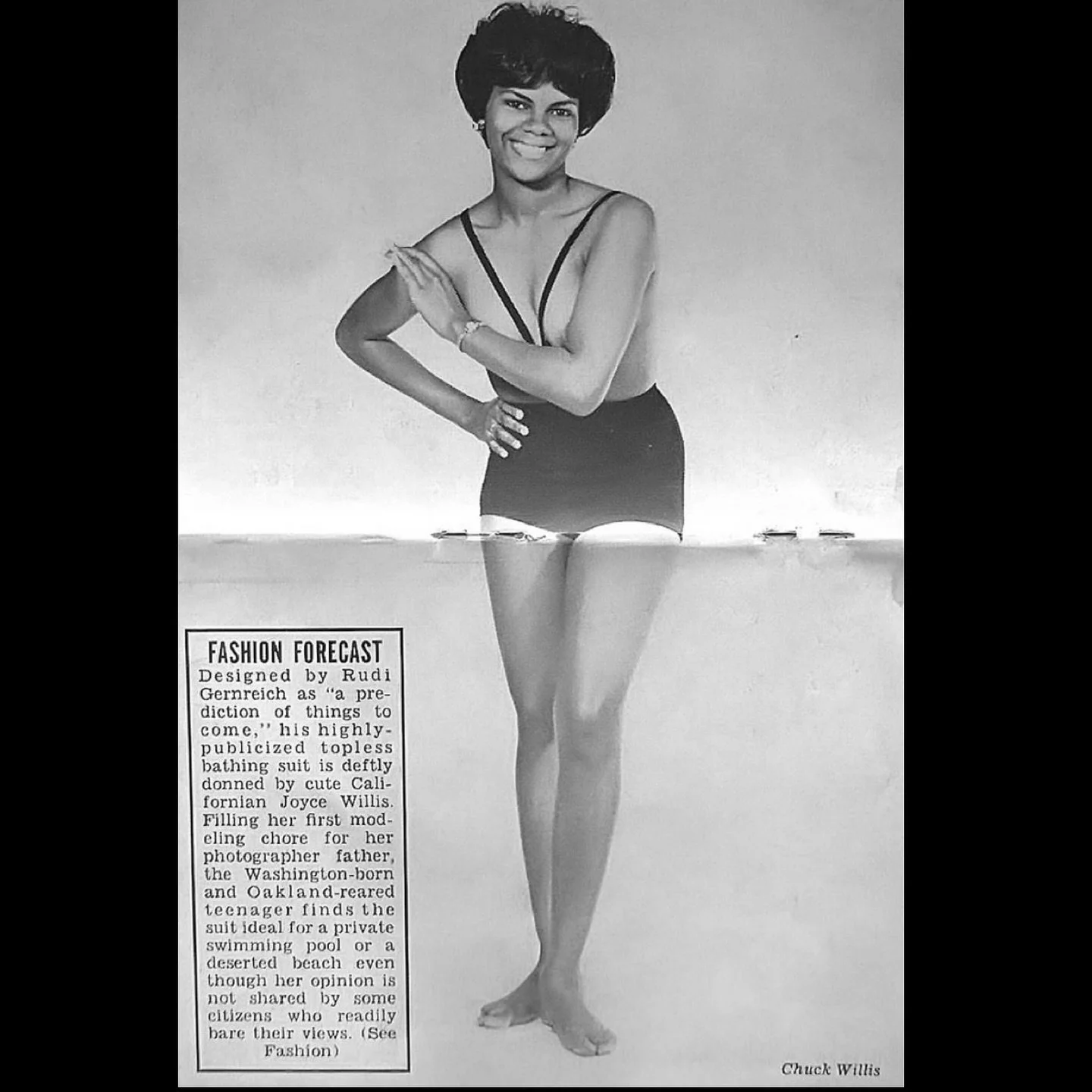 Joyce Willis modeling the &ldquo;topless&rdquo; bathing suit designed by Rudi Gernreich. The photo was taken by her father, Chuck Willis, and was featured in Jet Magazine, in 1964.