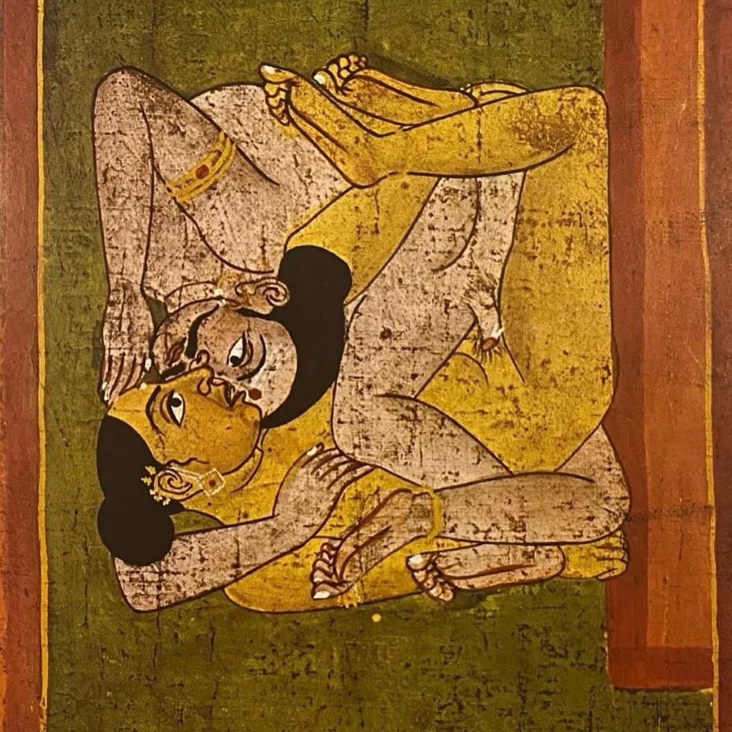 (Nepal, 18th Century.) In the Kama Sutra, Vatsyayana described this pose as the &ldquo;turning posture.&rdquo; It is achieved when &ldquo;a man, during intercourse, turns around &amp; enjoys the woman without leaving her, while she all the time embra