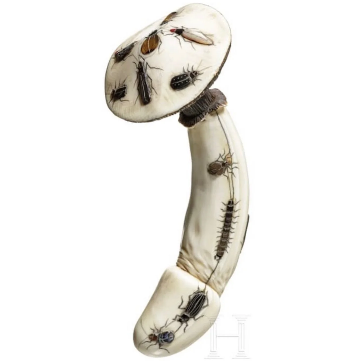 In 2021, this Japanese erotic shibayama in the shape of a mushroom, from the Meiji period (1868-1912), was sold at the Hermann Historica Auction House for &euro; 4,800. It&rsquo;s carved from ivory &amp; the insects are mother of Pearl. via @more_who