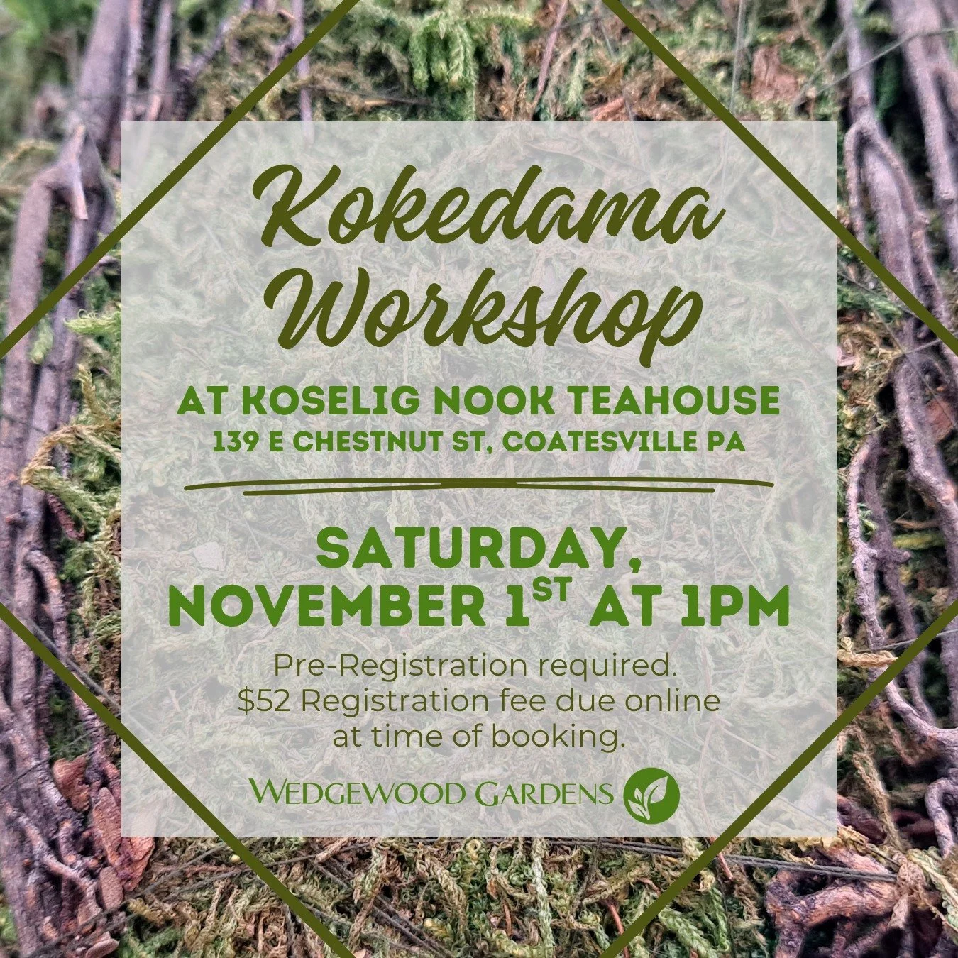 Join us on Saturday, November 1st at 1pm at @koselignookbyara teahouse for our Kokedama Workshop!
Houseplant enthusiast and Wedgewood Retail Assistant Manager Justin Dampman will lead an engaging hands-on workshop where you will learn the technique