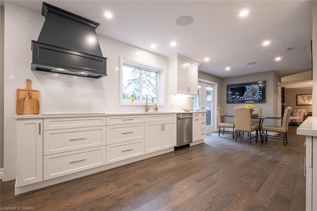 Long kitchen counter with view into dining area.