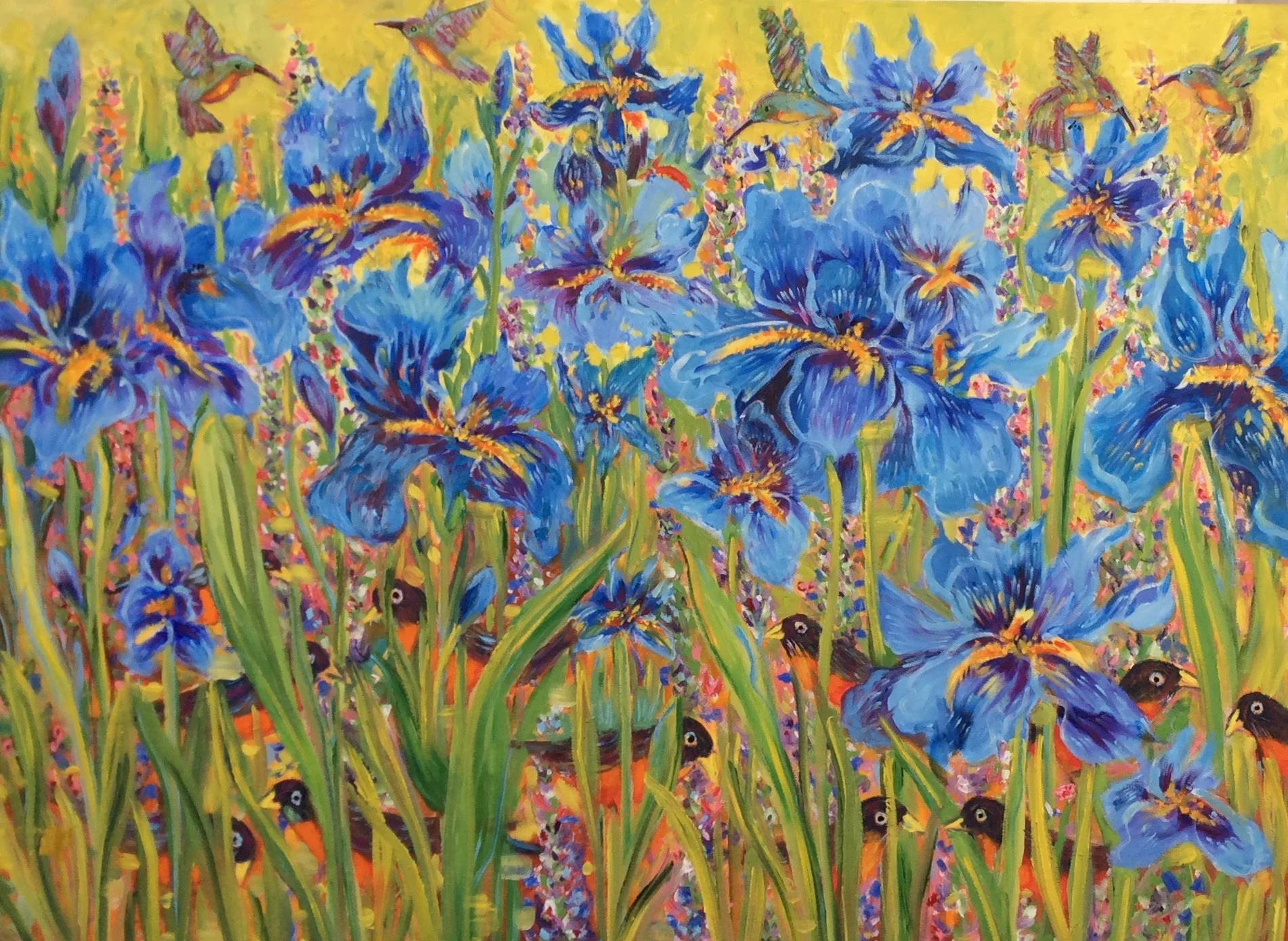 "Irises, Hummingbirds and Robins"