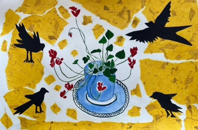 Karen Brunelle_Cyclamen With_Birds_ 26X19__ Mixed Media.jpg