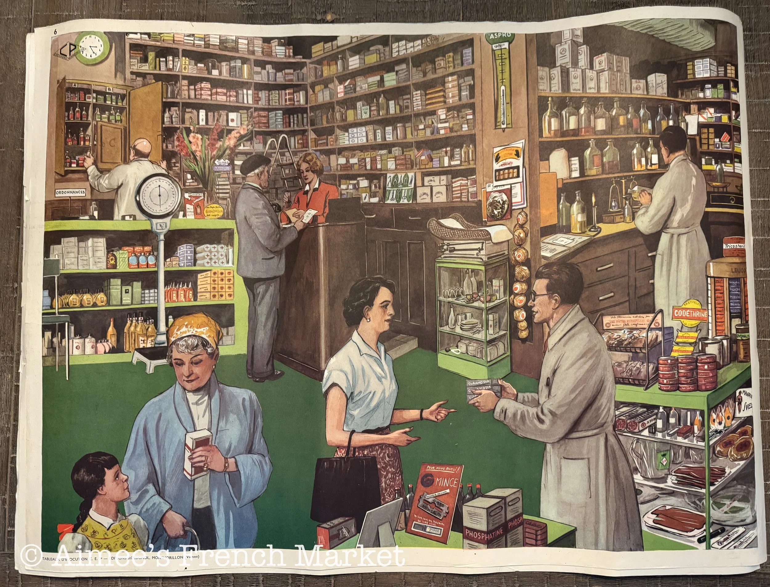 Vintage French School Poster – “The Parade” & “The Pharmacy” by Rossignol – 30" x 22" – Very good Condition