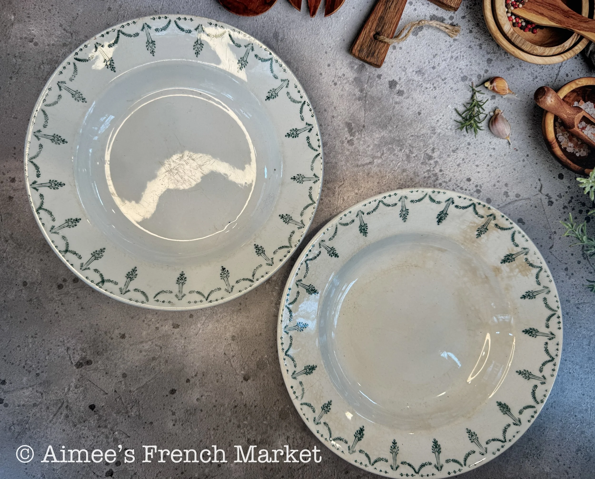 Antique French Shallow Soup Bowls Set of 2 | Porcelaine de Gien France | Green Garland Transferware