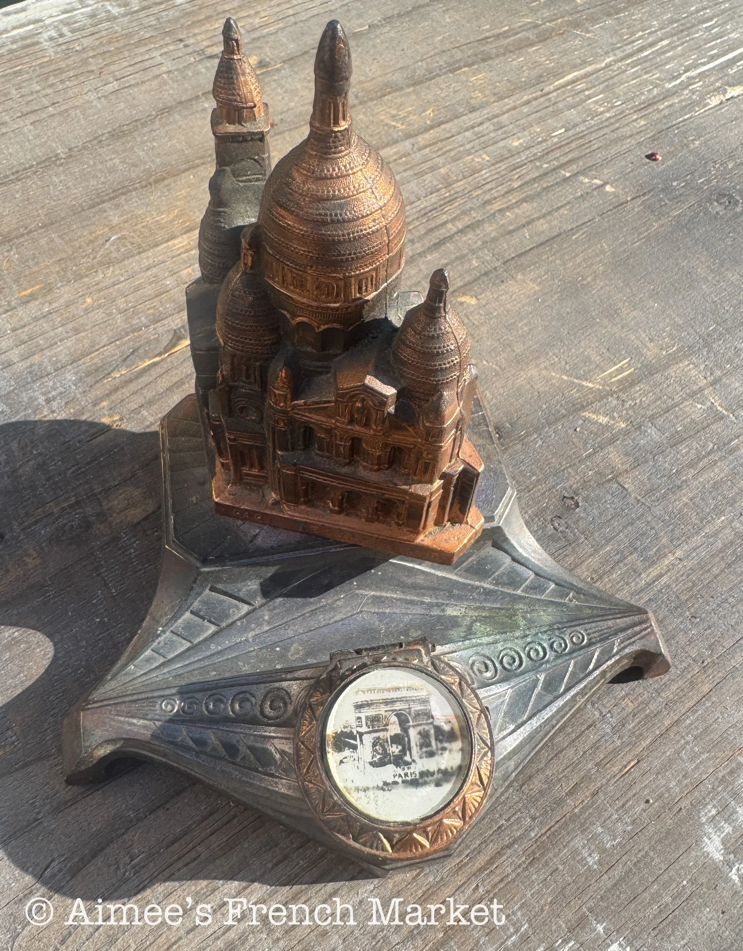 Antique Paris Inkwell with Sacré Coeur & Arc de Triomphe, Vintage French Metal Desk Inkwell, Paris Souvenir Ink Stand, Montmartre Desk Decor