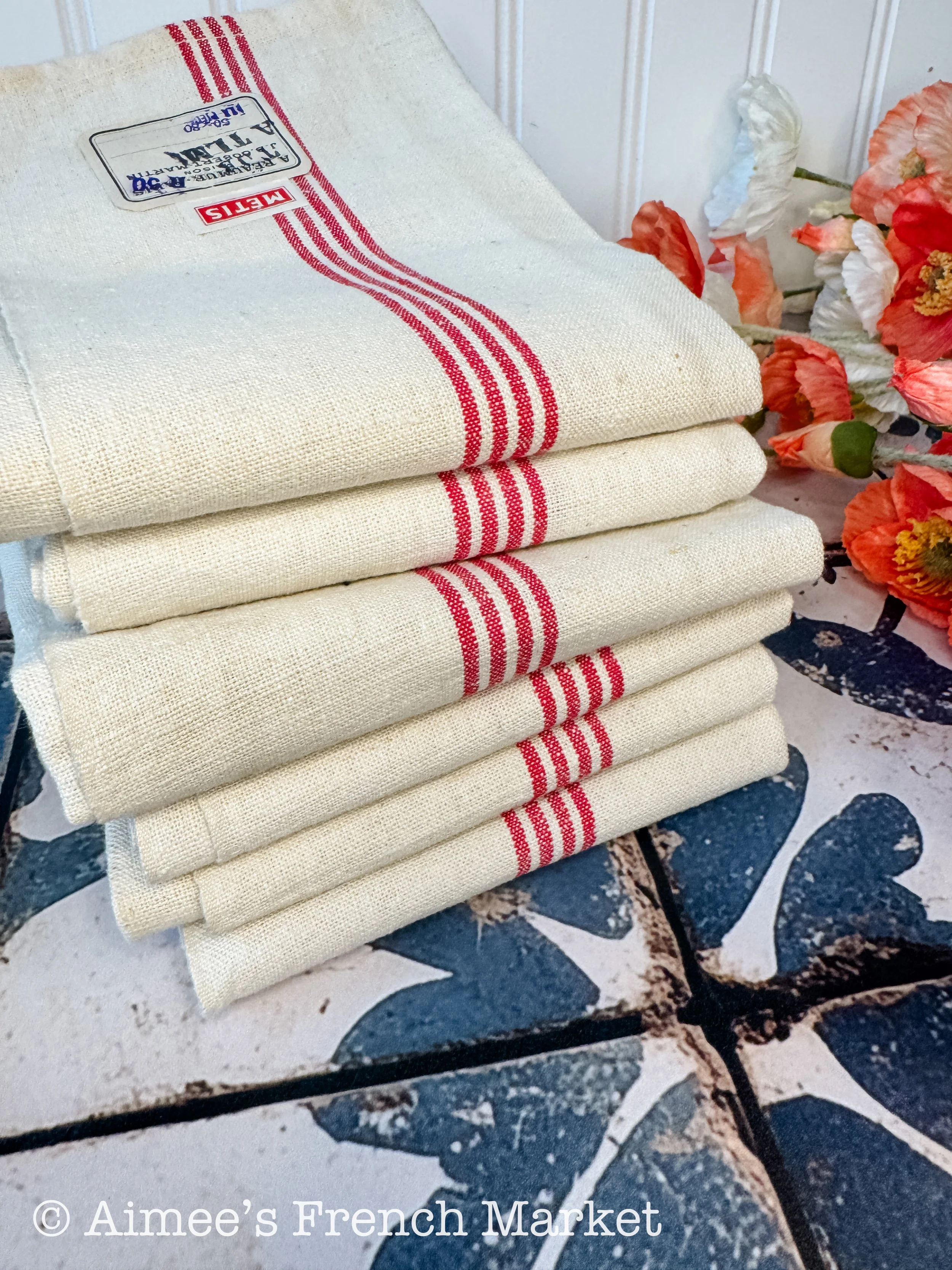 French Vintage Red-Striped Linen Kitchen Towels, c.1920s, Quadruple/Four Stripe