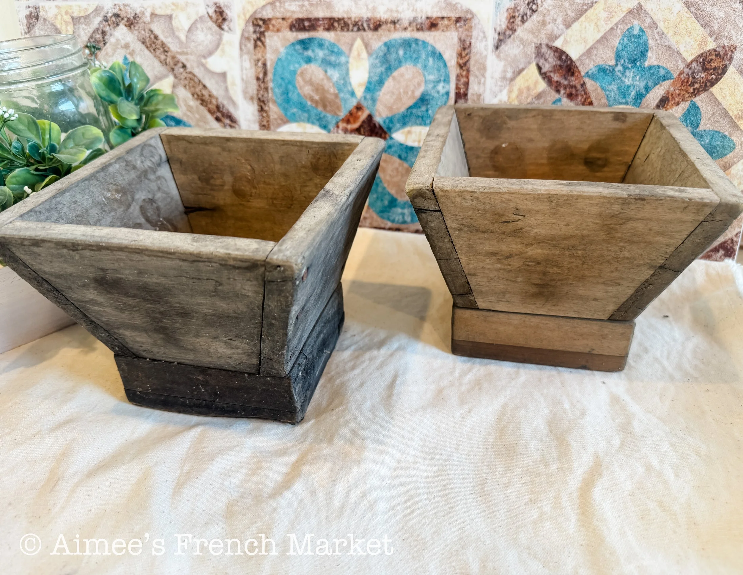 Vintage French Square Wooden Planters Jardinières – Rustic Farmhouse French Country Decor