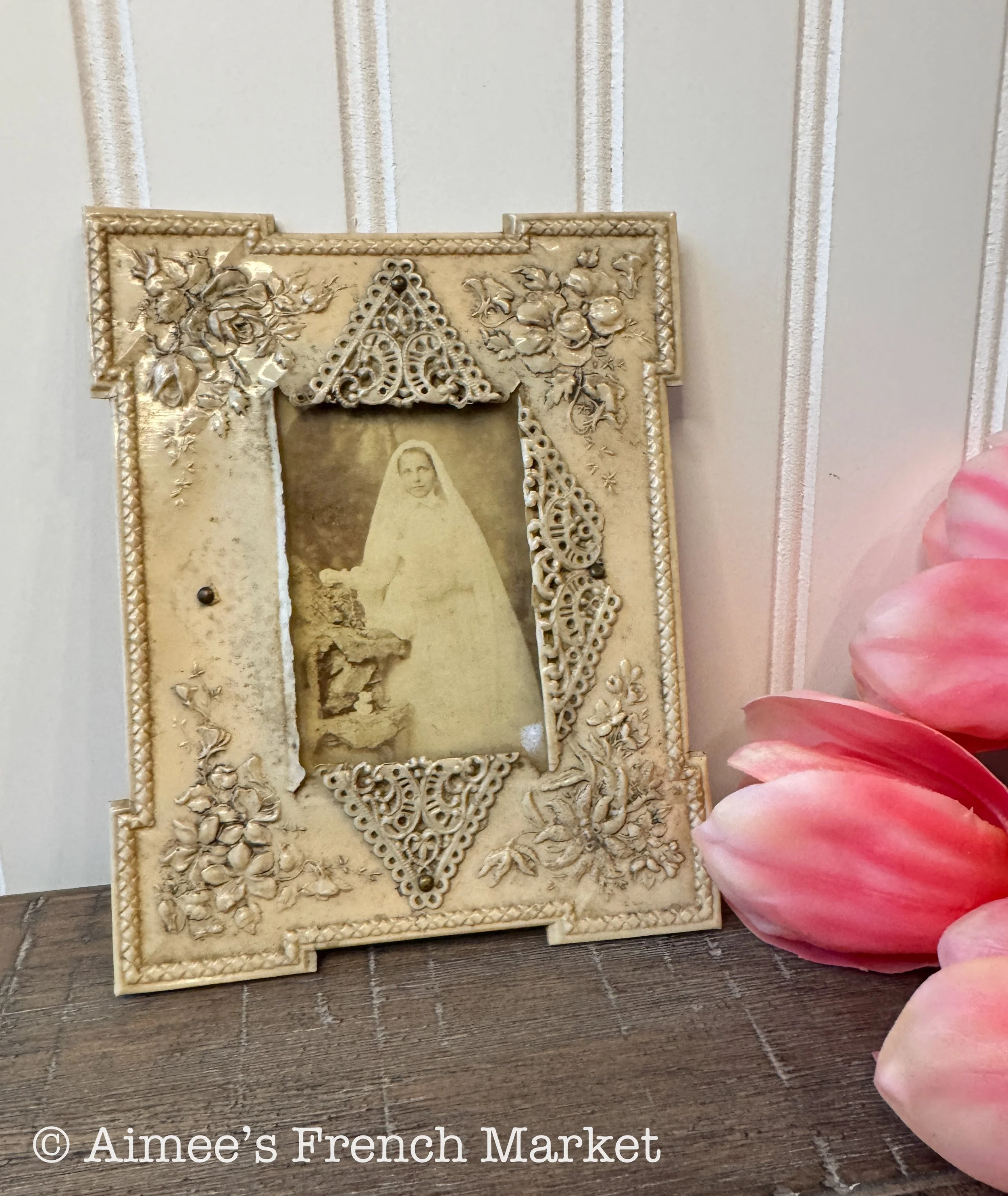 Rare French Antique Celluloid Photo Frame with Original Photo