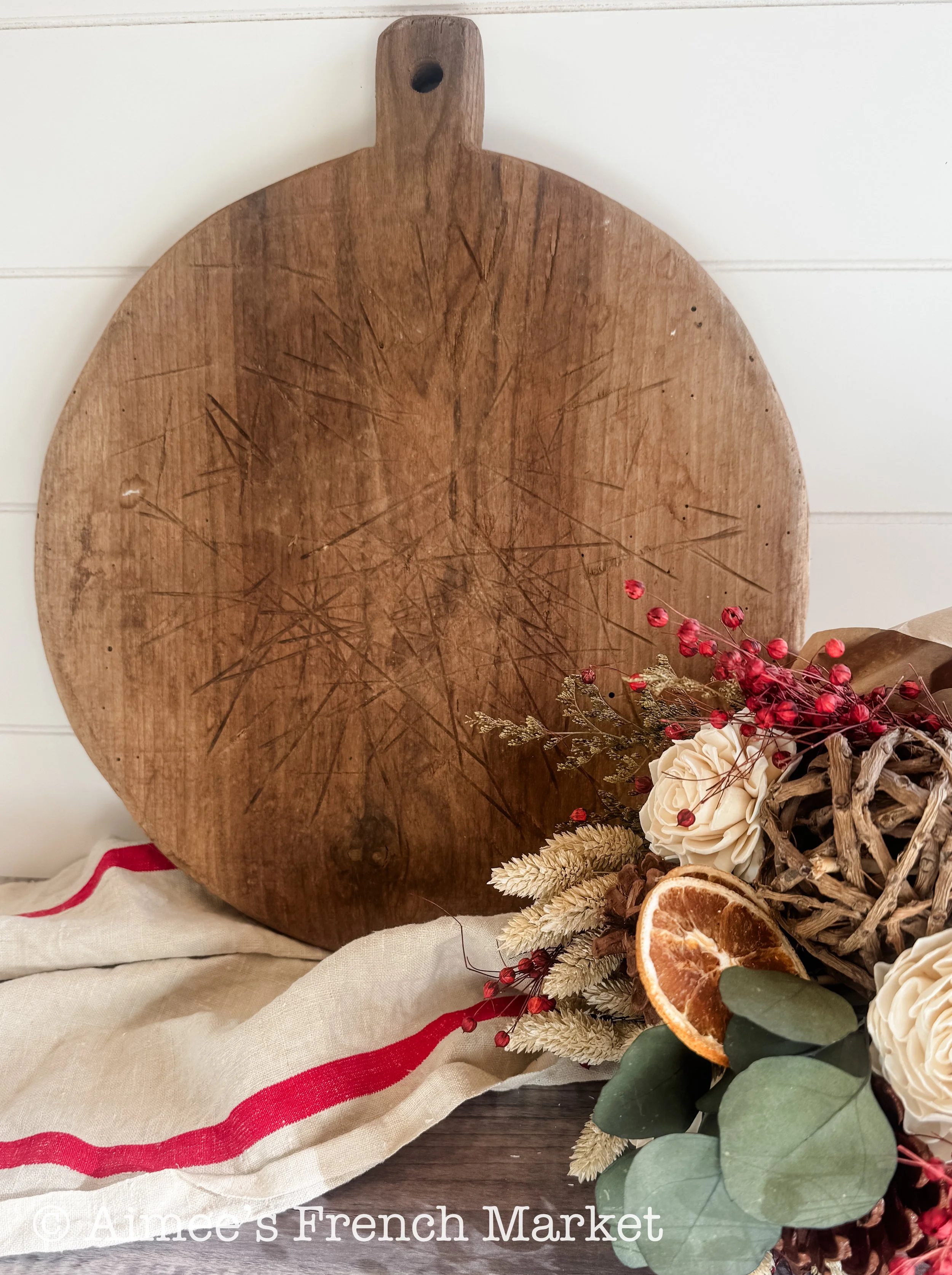 Antique Round French Rustic Cutting Board, Original Patina & Markings