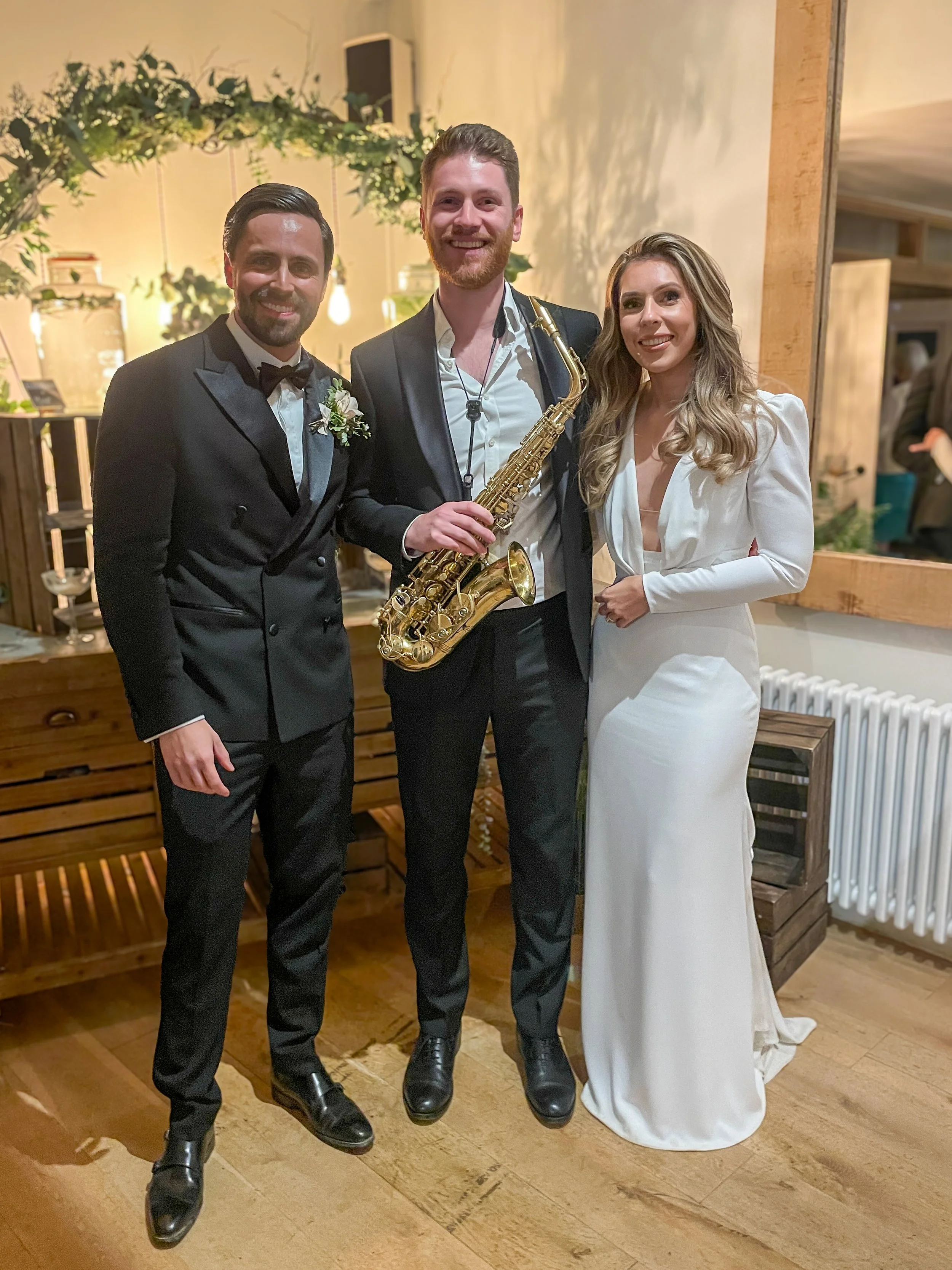 James Sax with Bride &amp; Groom at Hyde House Gloucestershire