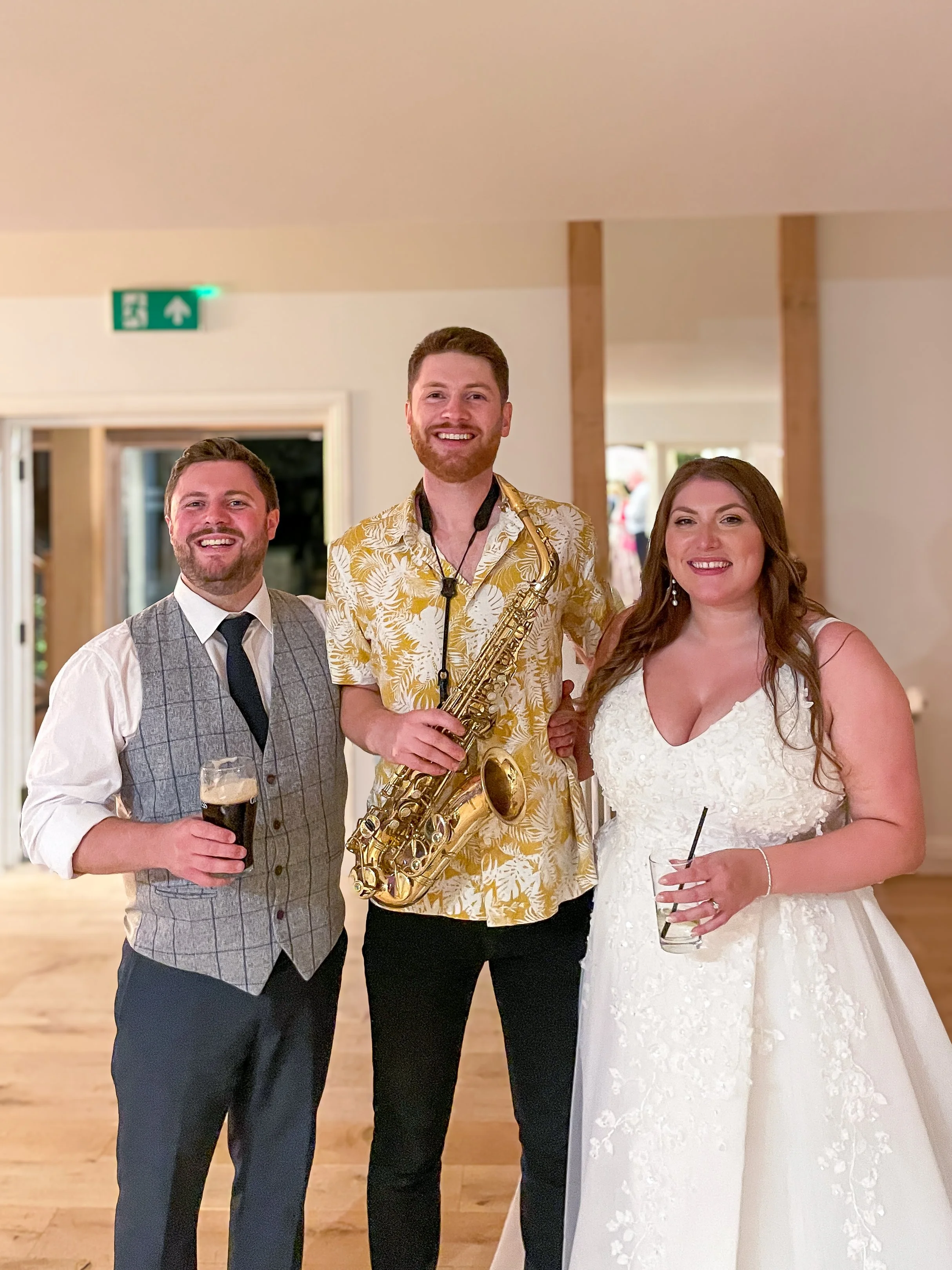 James Sax with Bride &amp; Groom at Hyde House Gloucestershire