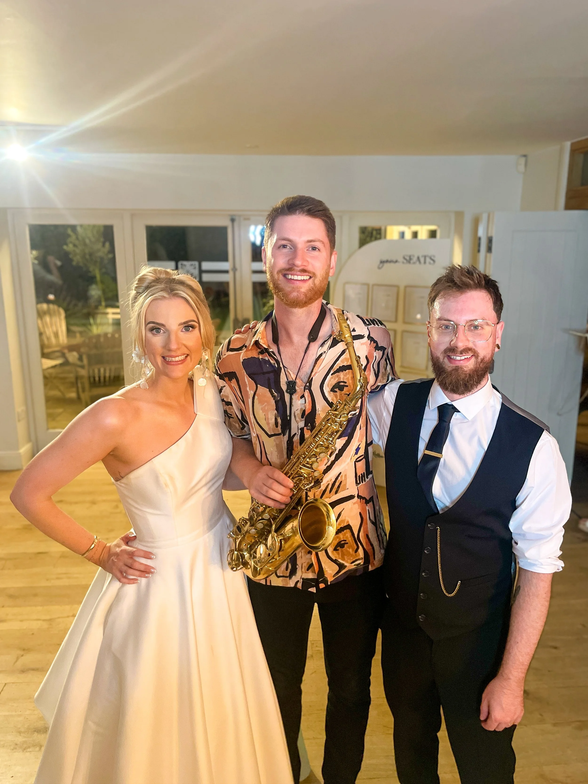 James Sax with Bride &amp; Groom at Hyde House Gloucestershire