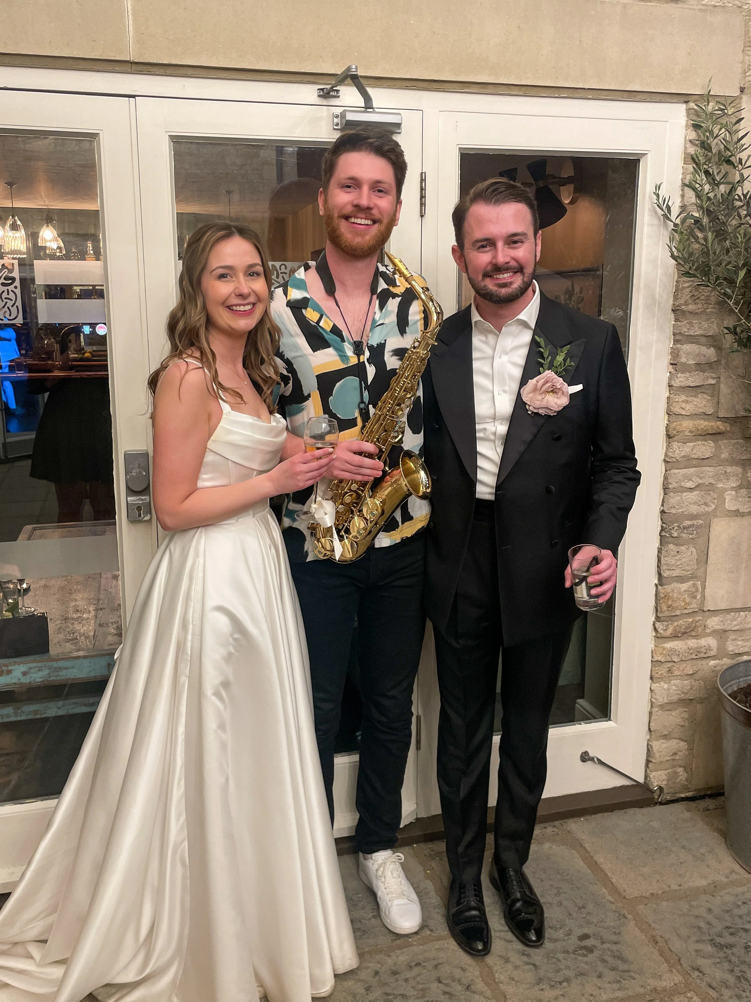 James Sax with Bride &amp; Groom at Hyde House Gloucestershire
