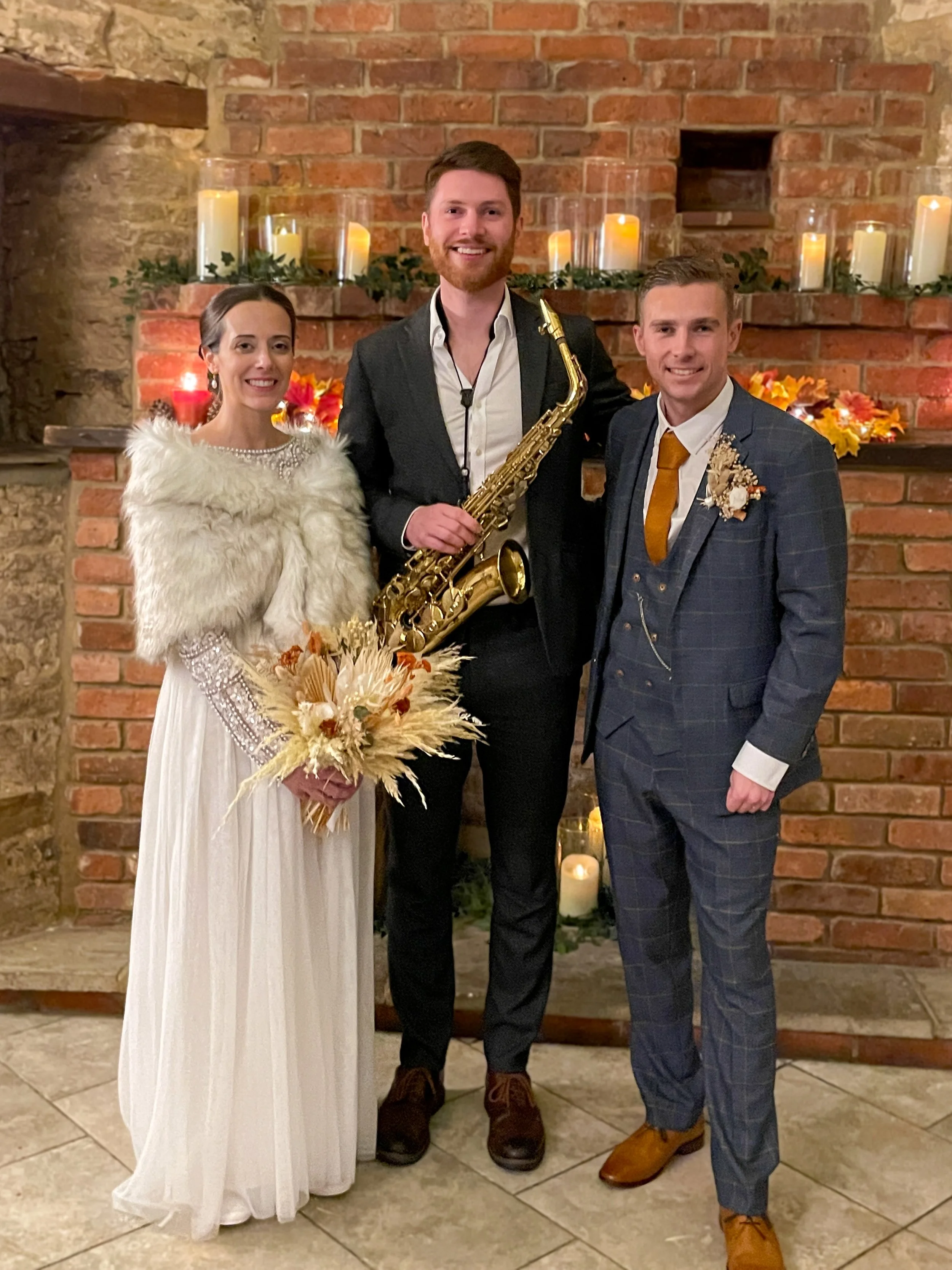 James Sax with Bride &amp; Groom at The Great Barn at Aynho