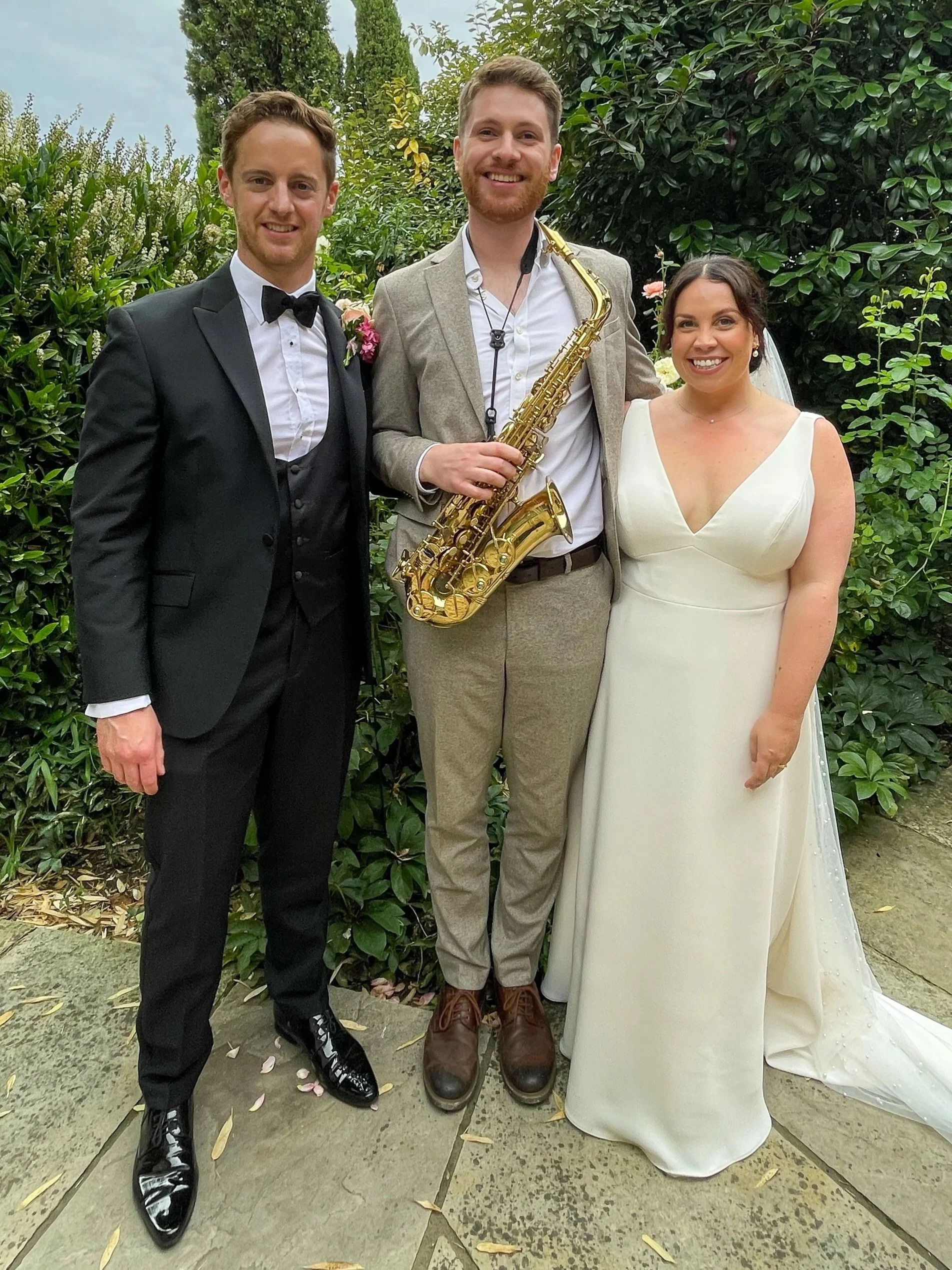 James Sax with Bride &amp; Groom at Notley Tythe Barn Buckinghamshire