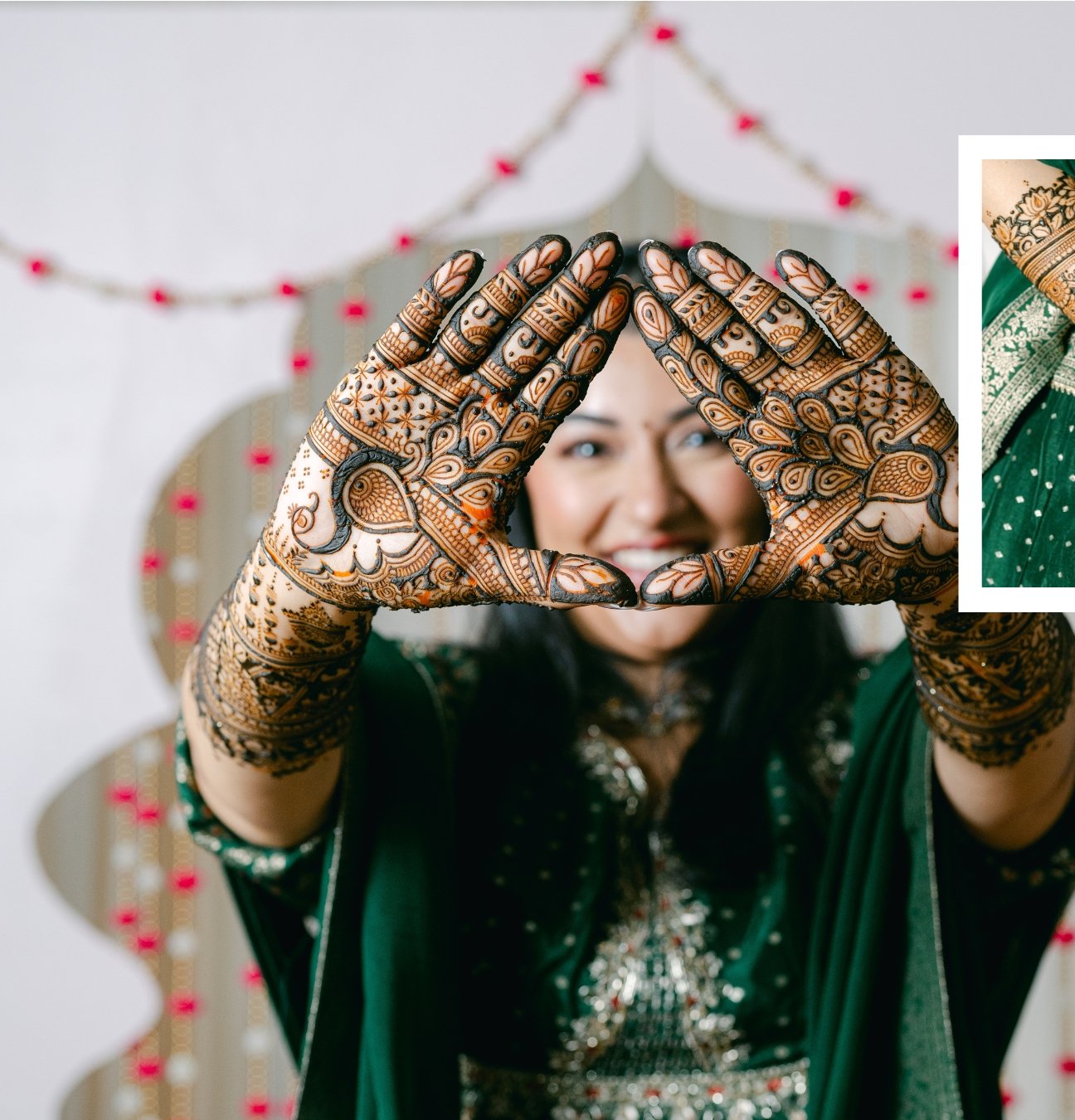 One of our favorite parts of a Mehndi day? Those quiet moments before the celebration kicks off. 

We got to spend some time with Hernisha before guests arrived, and we made the most of it. Just her, that stunning emerald lehenga, and her beautiful m