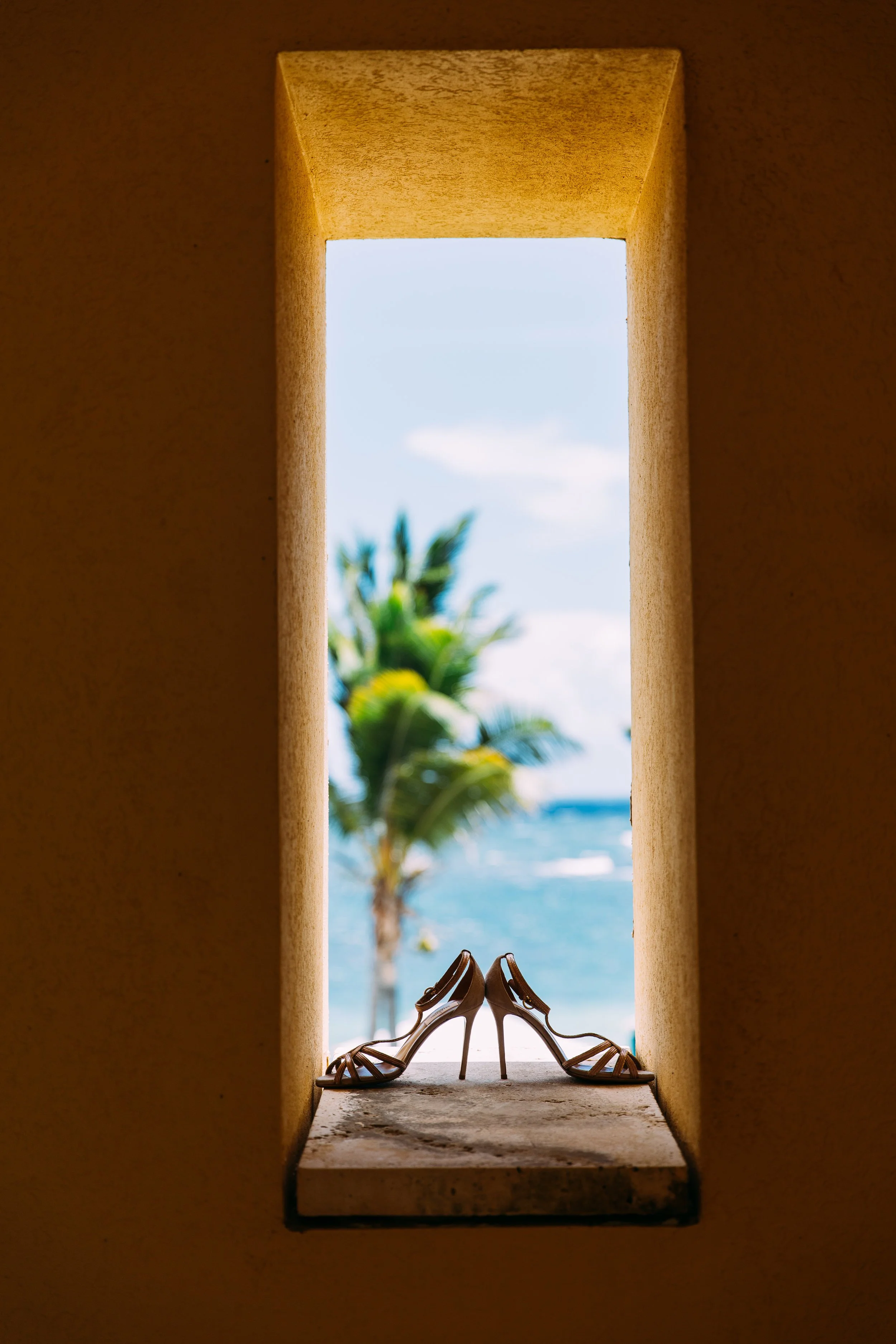Pair of high-heeled sandals on windowsill with ocean, palm tree, and sky in background.
