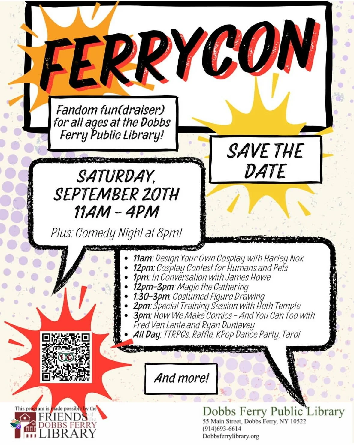 Join us today at @dobbsferrypubliclibrary for a fun day of fandom! Check the library website for the full lineup from 11am-4pm. Picture Book will have a table with a selection of great books for kids, including the books of local legend James Howe! Y