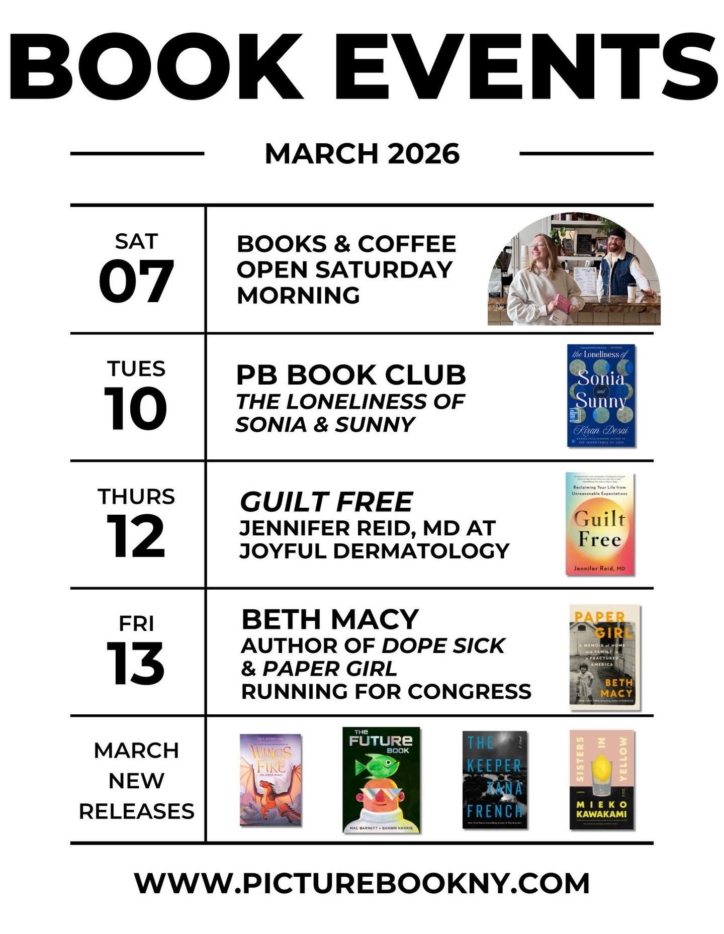 March is stacked with some great stuff, starting with our monthly Saturday open with @boxingdaycafe tomorrow 3/7. Next week we have PB book club on Tuesday night to discuss the fabulous The Loneliness of Sonia and Sunny by Kiran Desai. On Thursday @j