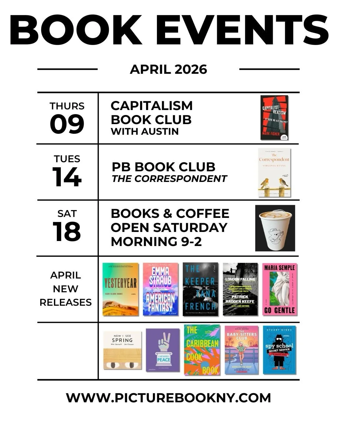 Ah spring! Time to step out and get together with other people! Join us Tuesday night for PB Book Club to discuss The Correspondent by Virginia Evans. We&rsquo;ll also be open on Saturday with @boxingdaycafe for a nice little weekend bookstore browse