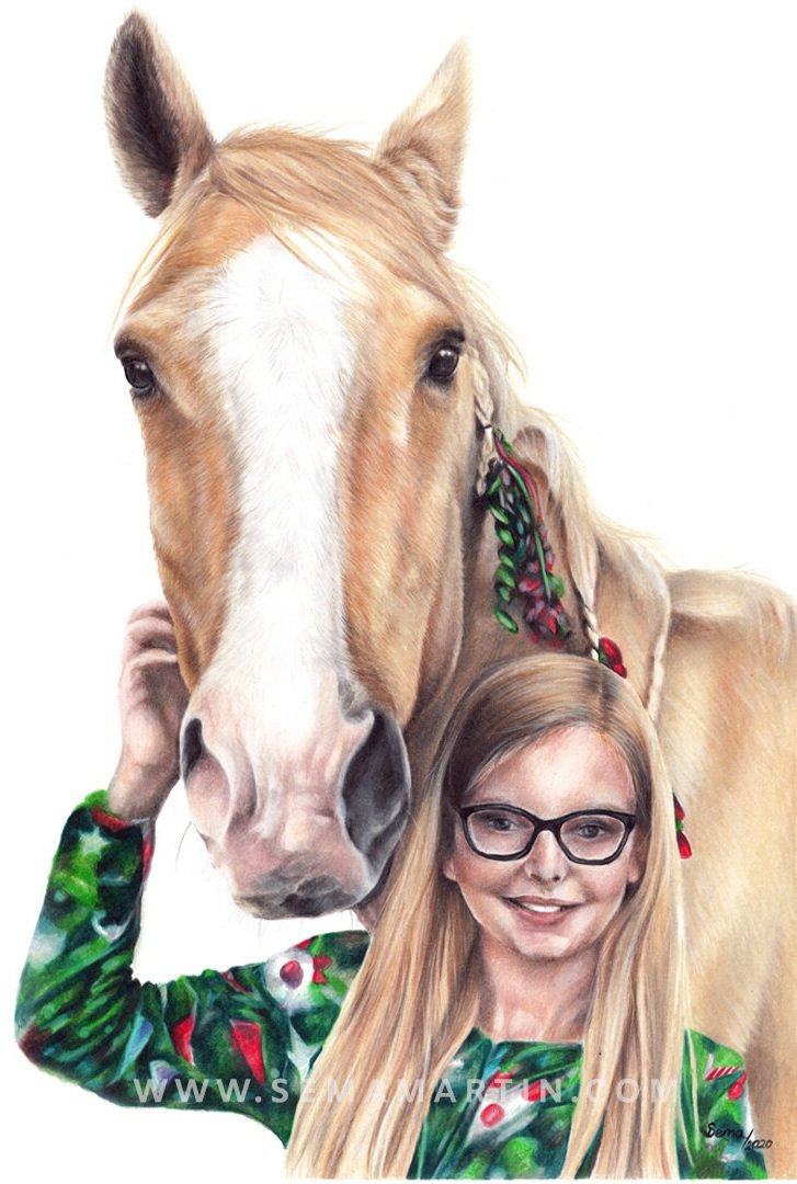 Realistic Custom Color Pencil Drawing Commission of a little blond girl and a golden horse from a photo in USA by Pet Portrait Artist Sema Martin (Copy)