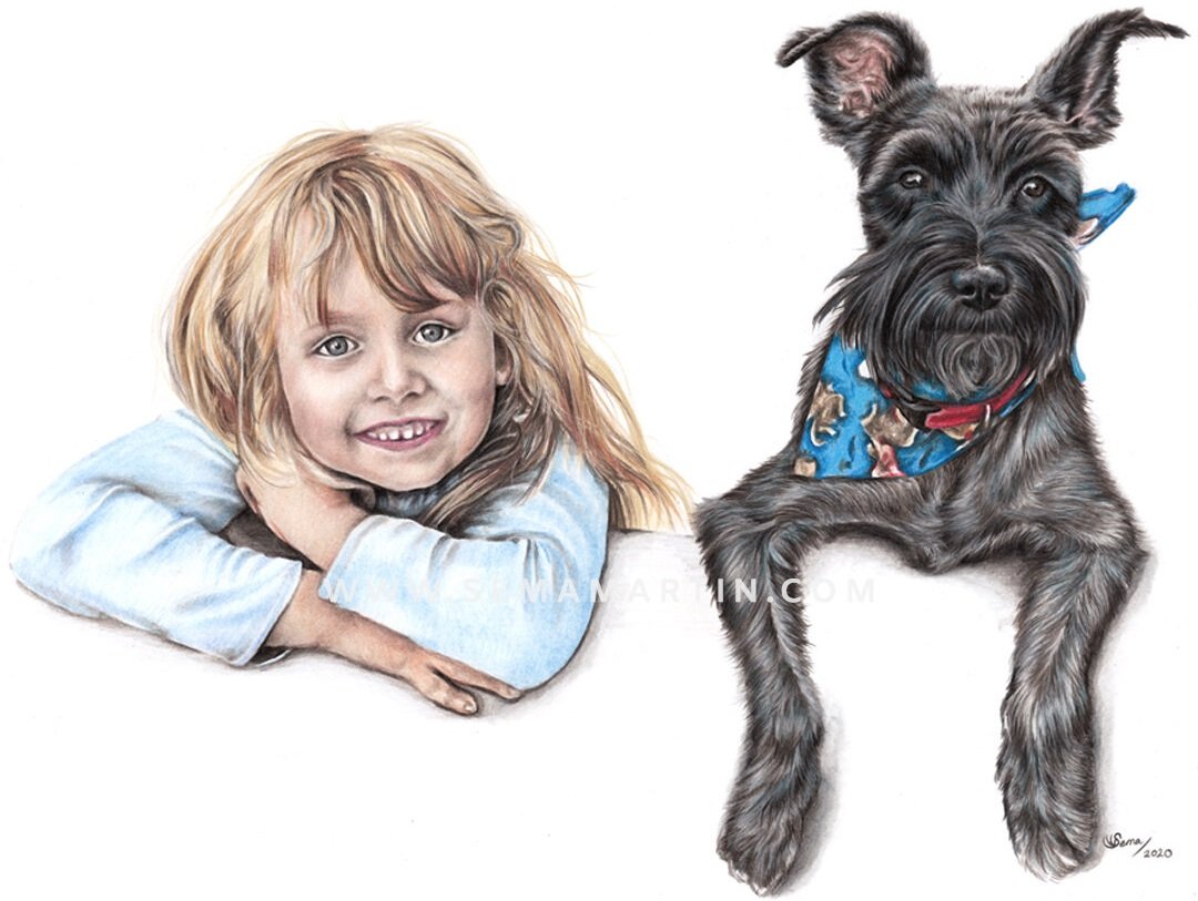 Realistic Custom Color Pencil Drawing Commission of a little blond girl and her black schnauzer from a photo in USA by Pet Portrait Artist Sema Martin (Copy)