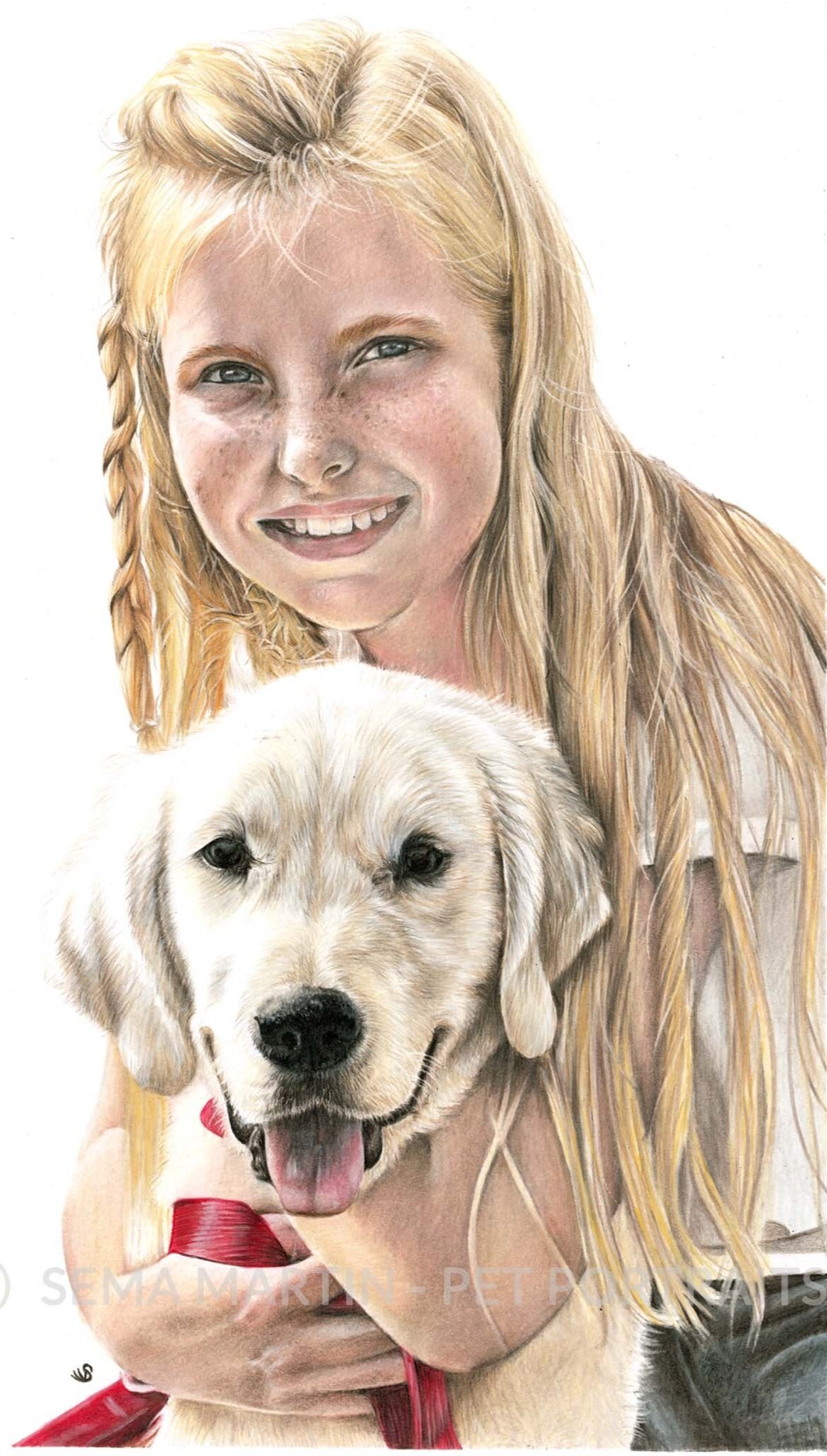 'Ella &amp; Willow' - USA, 11.7 x 16.5 inches, 2019, Colour Pencil Portrait of a Little Girl huging her Labrador Retriever puppy (Copy)