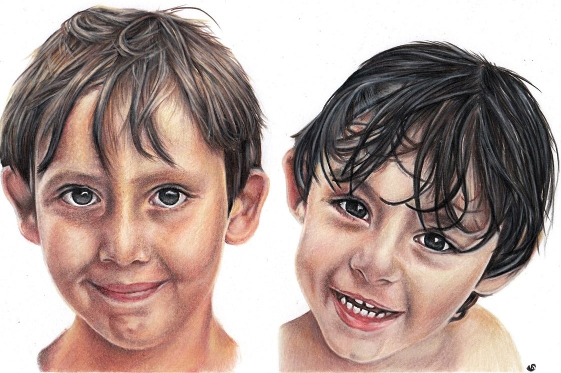 'Sami &amp; Ryaz' - UK, 8.5 x 11.7 in, 2017, Colour Pencil Children Portrait by Sema Martin (Copy)