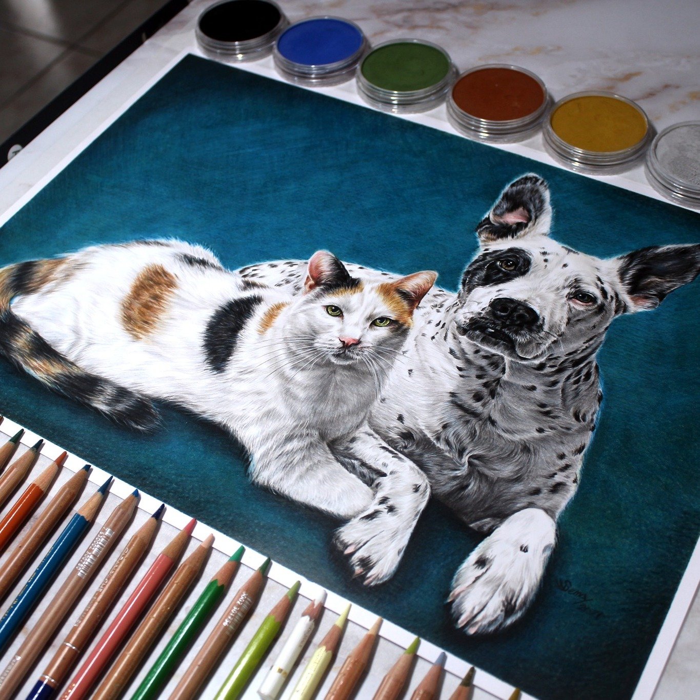 What are the differences between owning a cat and owning a dog? 
My portrait of Lily and Pongo.